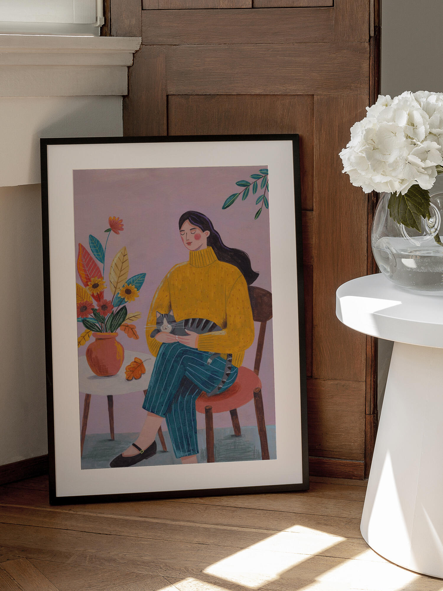 Woman with Cat and Autumn Bouquet