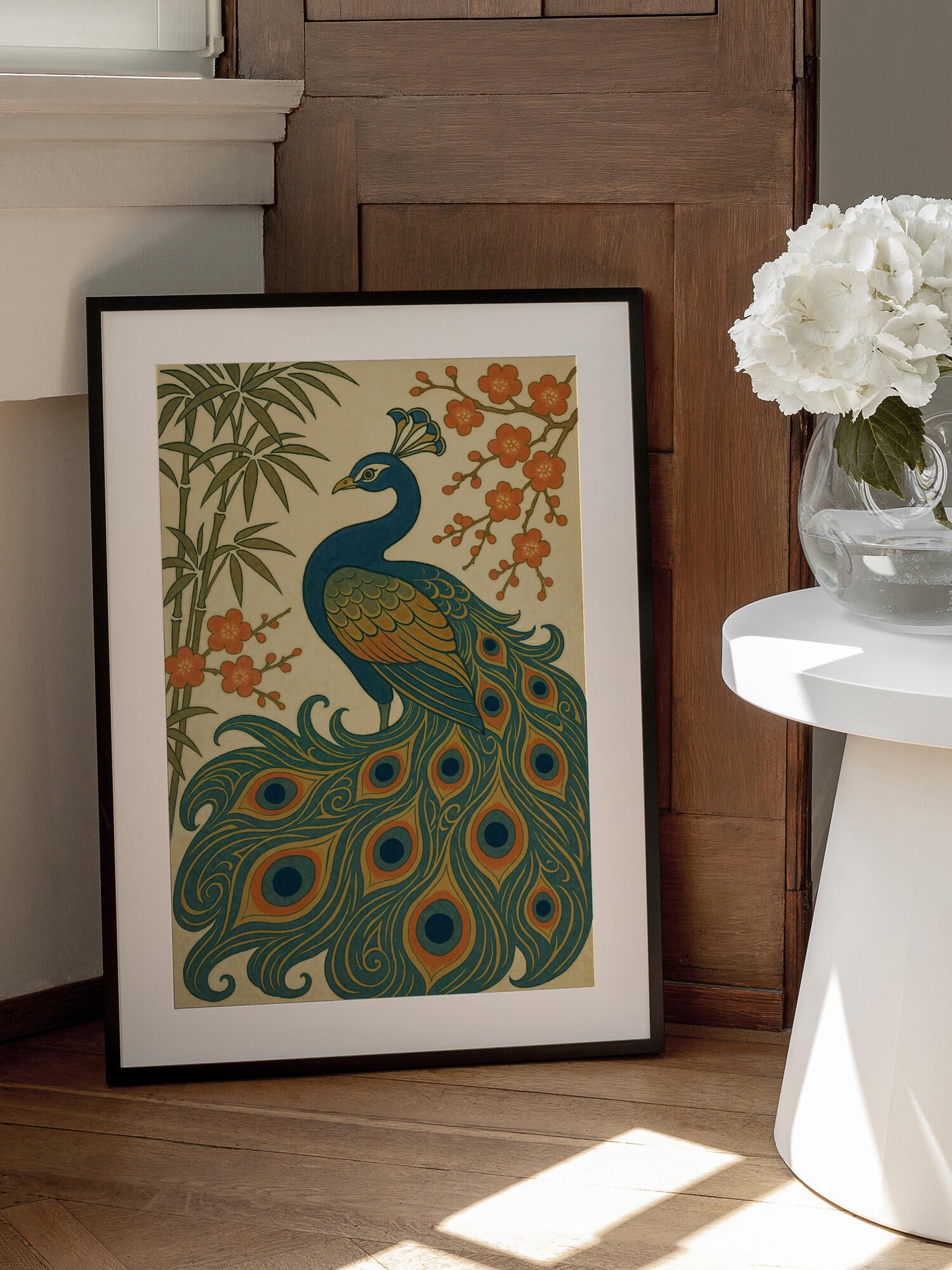 Ukiyo E Style Japanese Peacock With Bamboo and Blossom