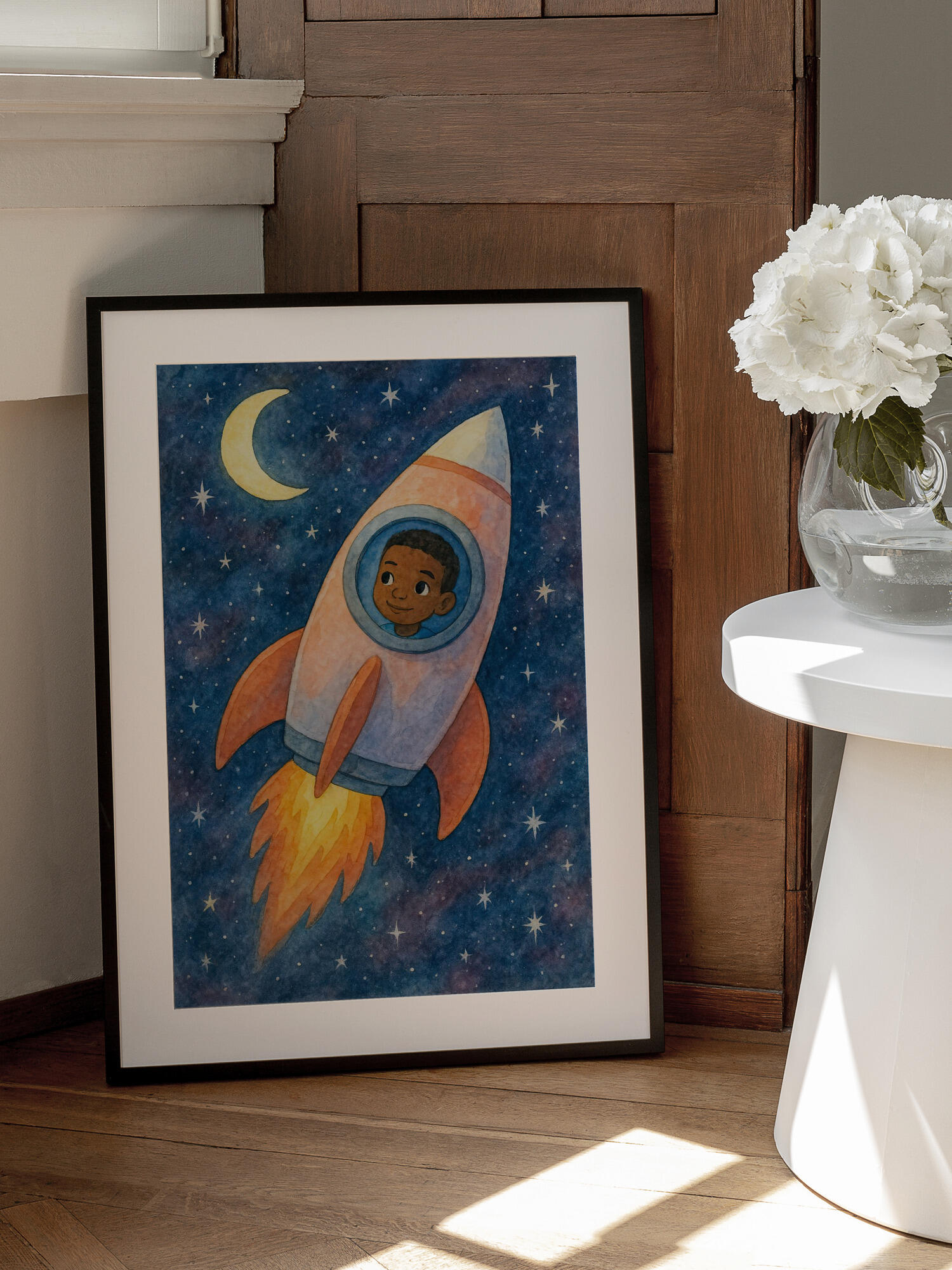 Child rocket flying through space