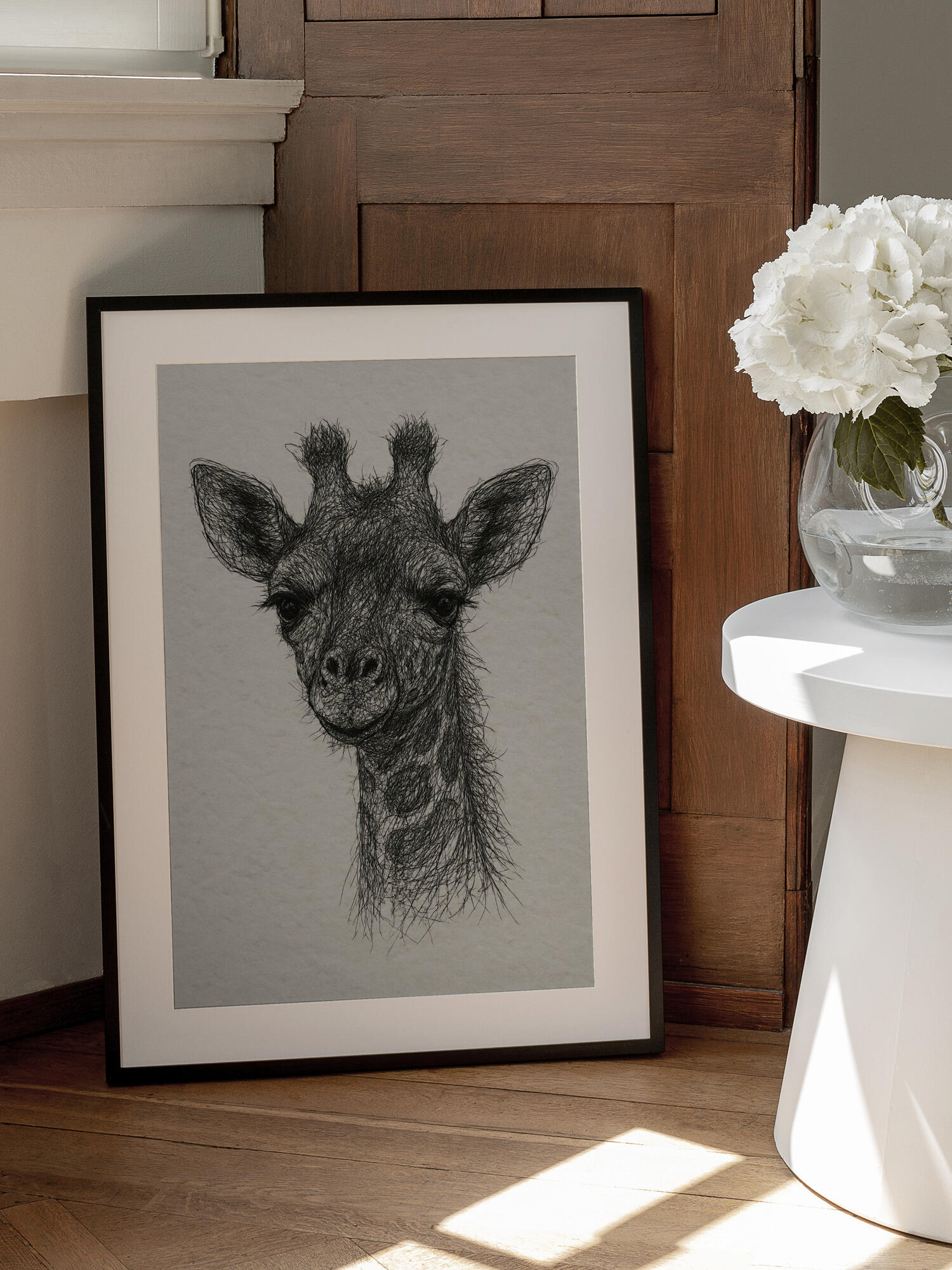 Thread portrait baby giraffe on handmade paper