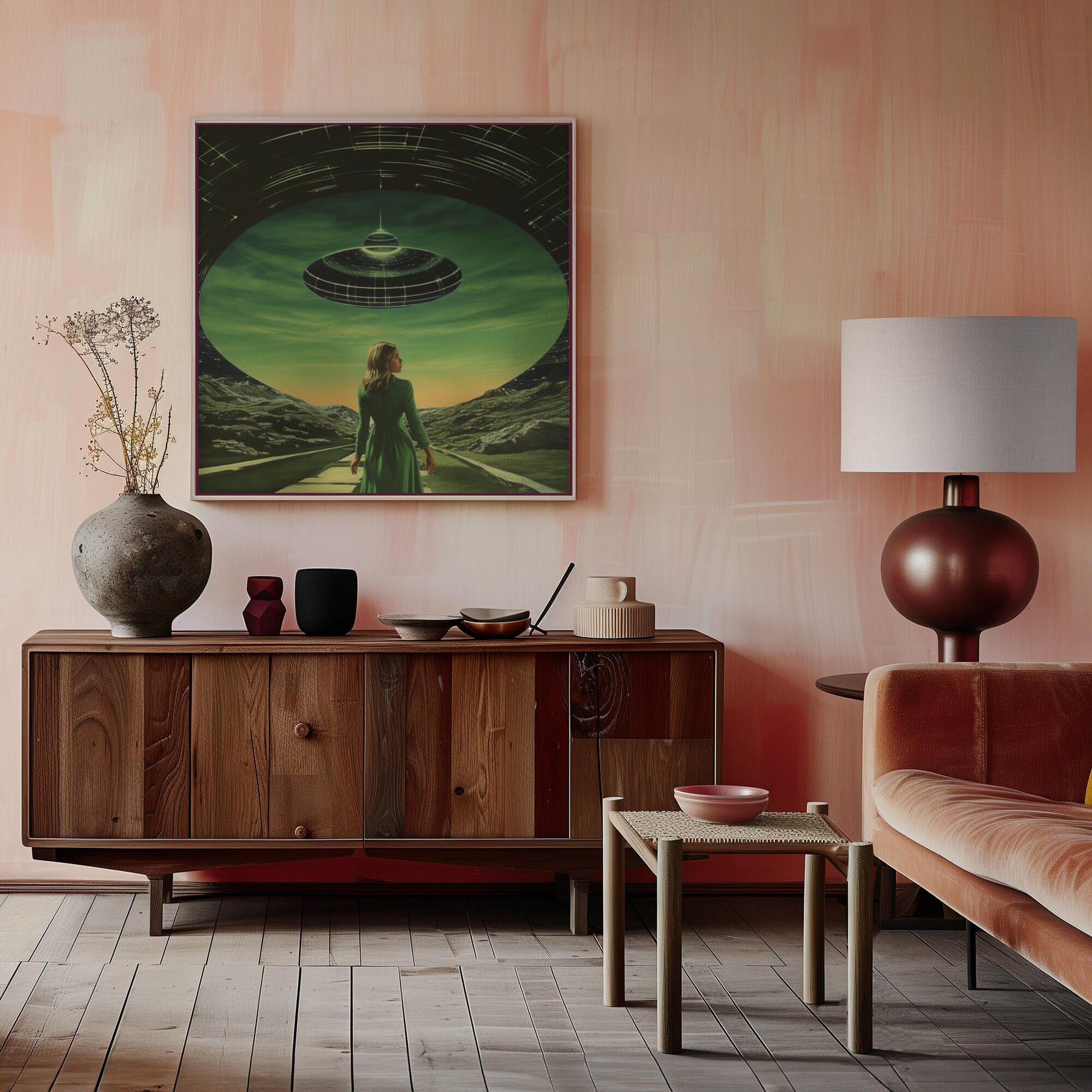 A Woman Standing Beneath a UFO