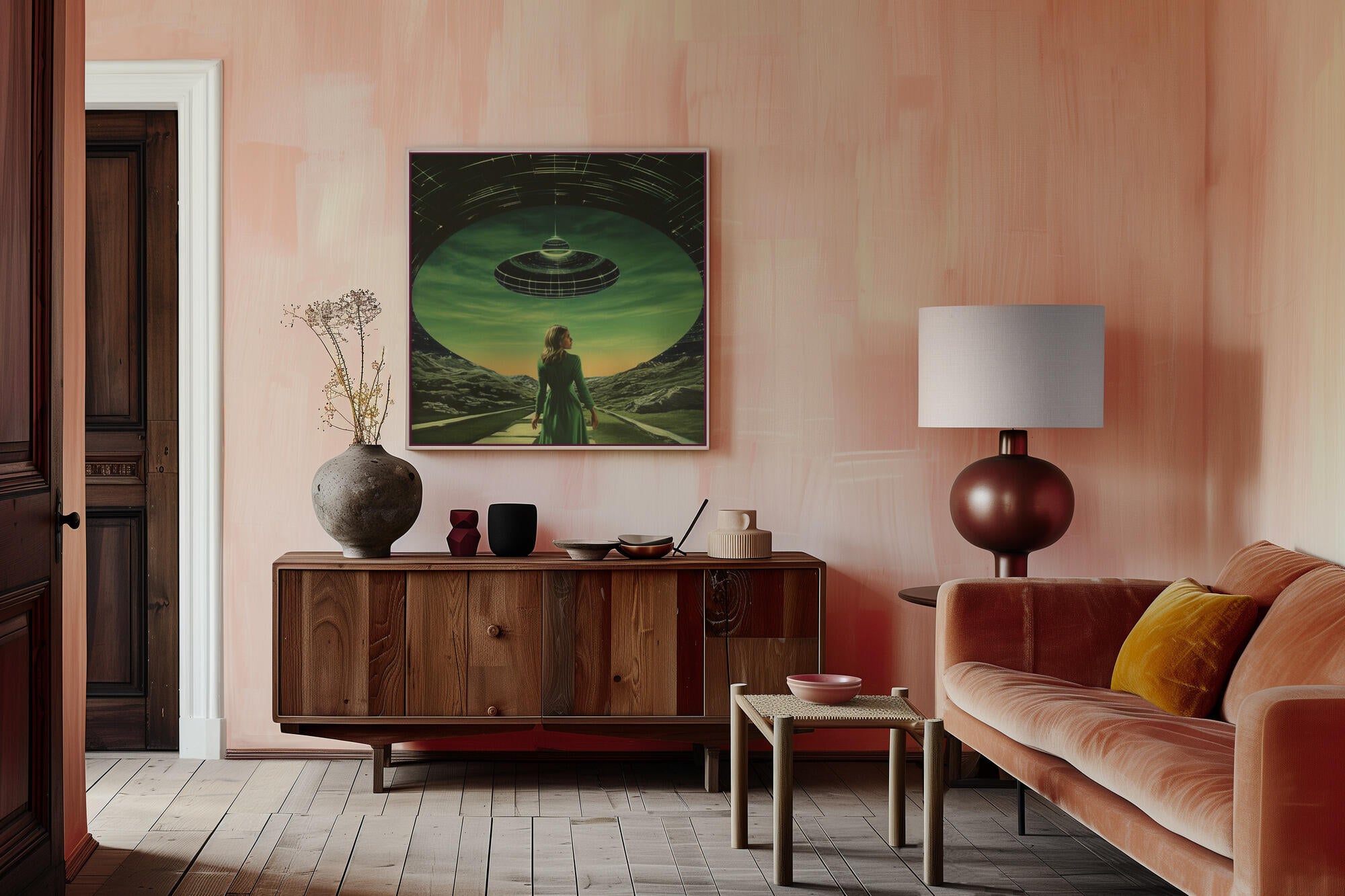 A Woman Standing Beneath a UFO