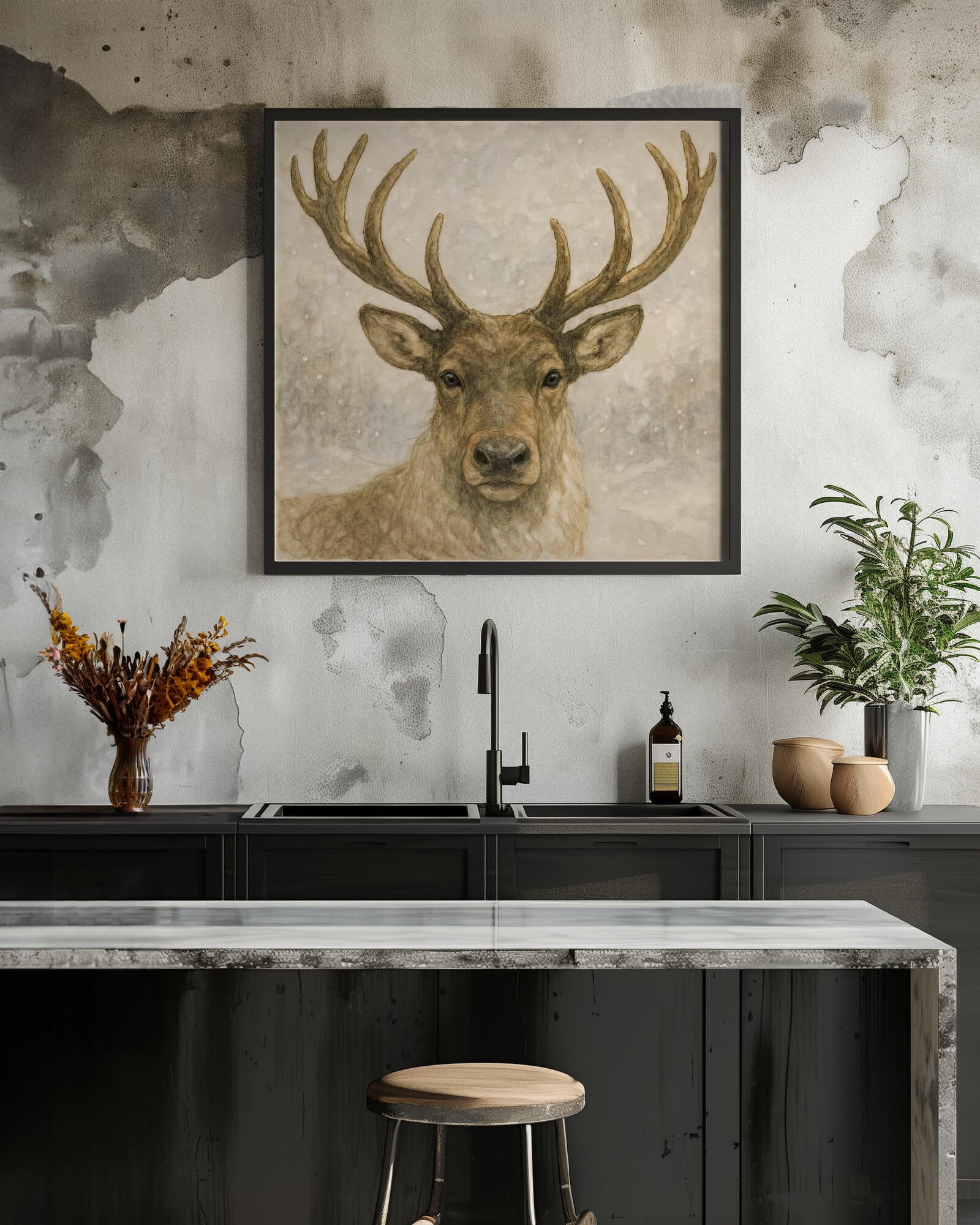 Deer In Snowy Winter Forest
