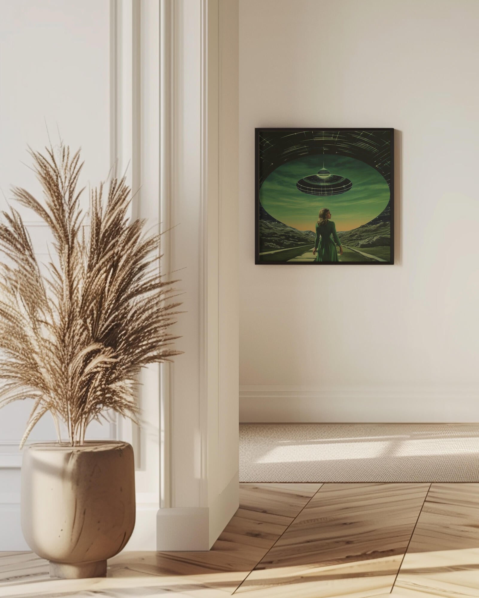 A Woman Standing Beneath a UFO