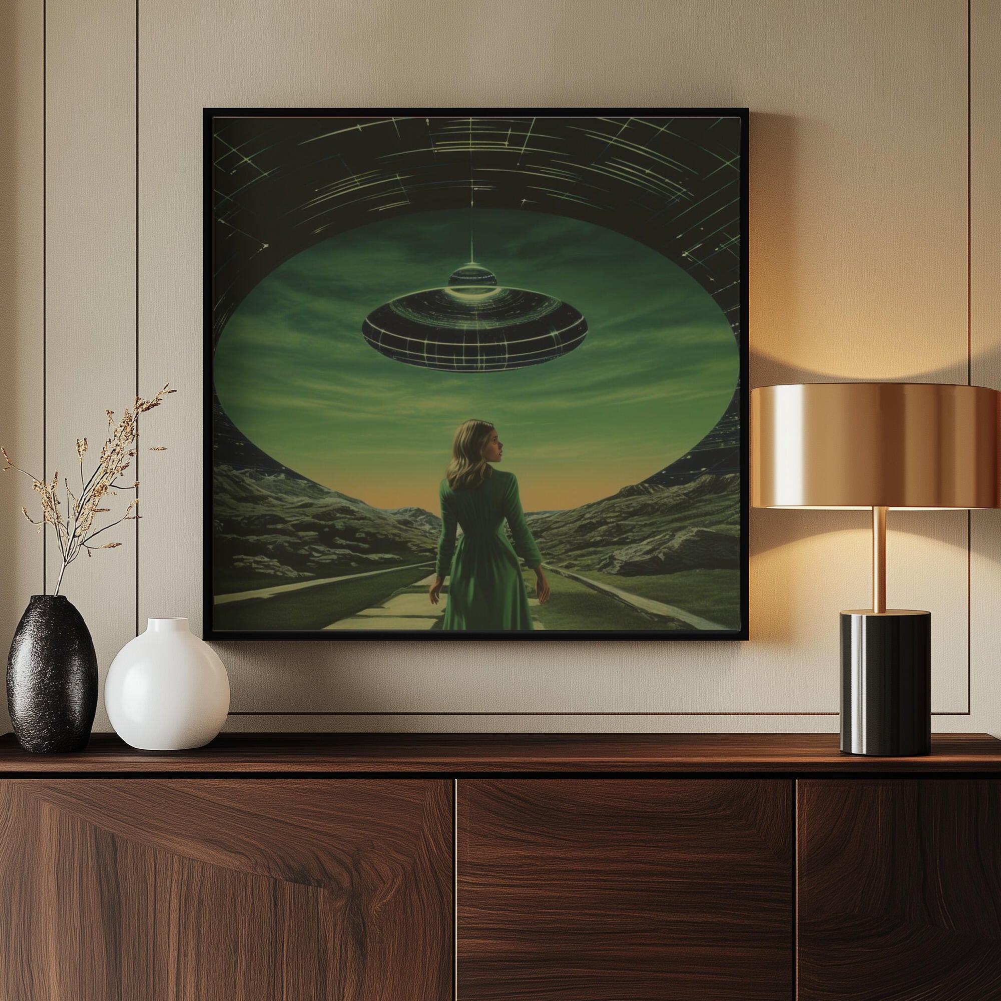 A Woman Standing Beneath a UFO