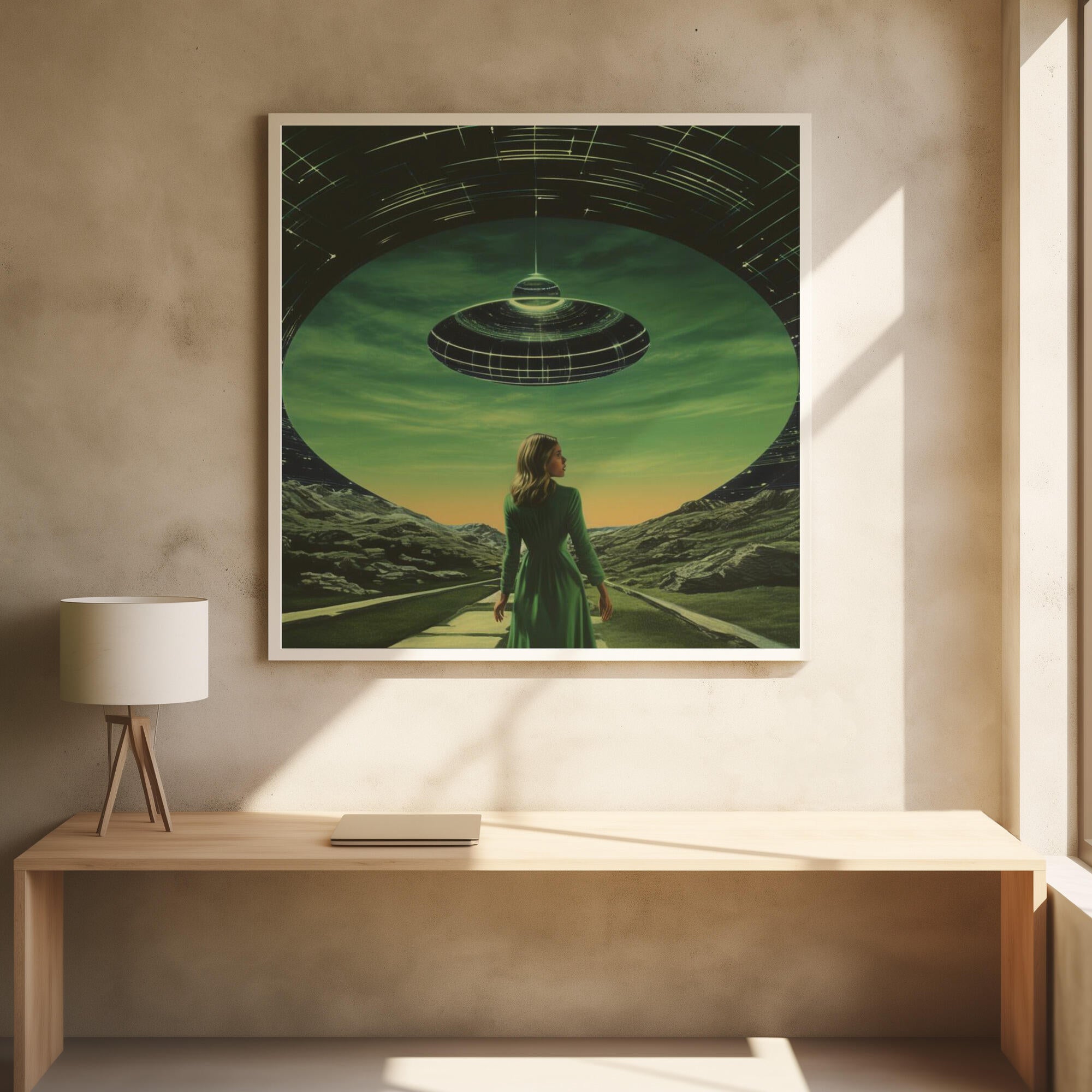 A Woman Standing Beneath a UFO