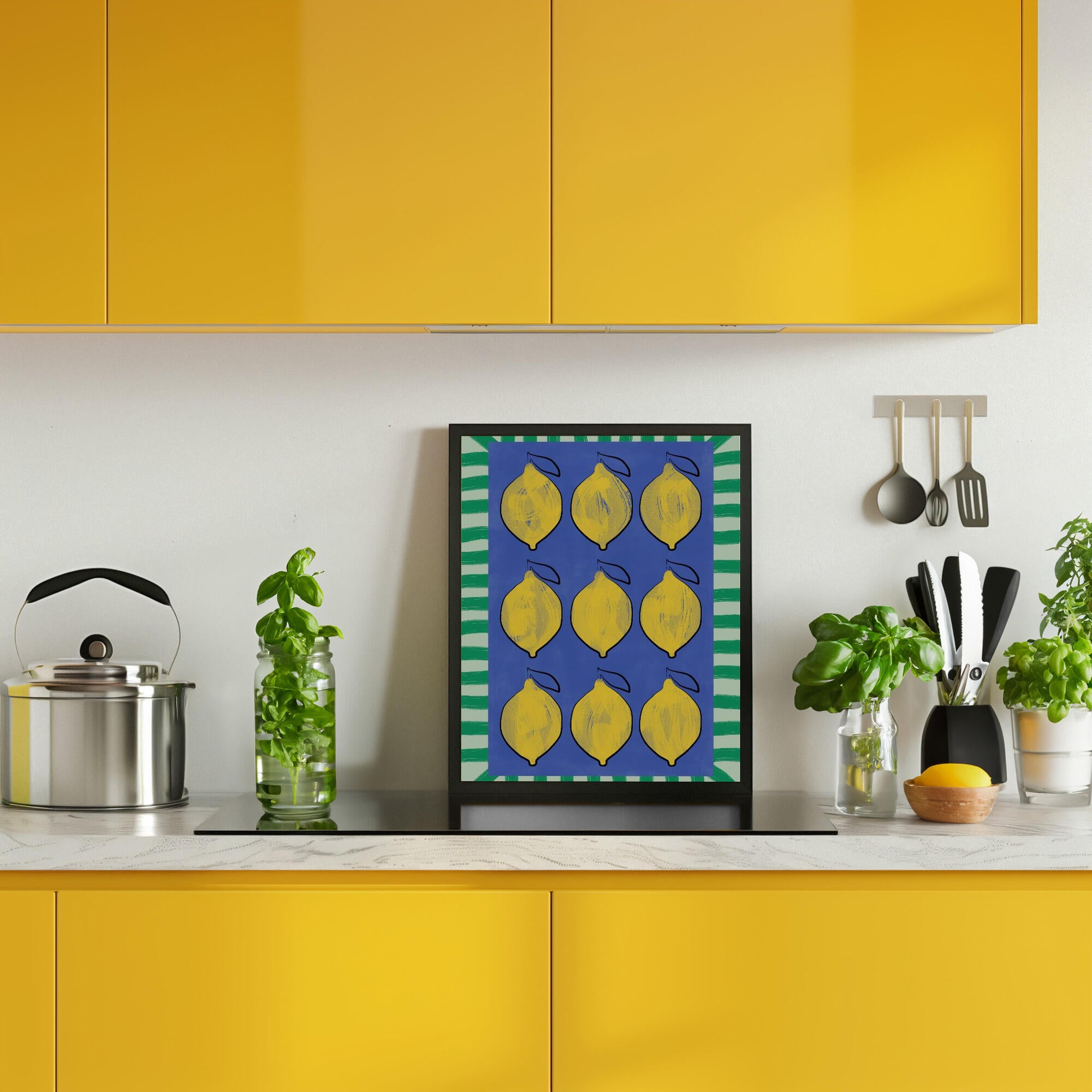 Vibrant Yellow Lemons on a Deep Blue
