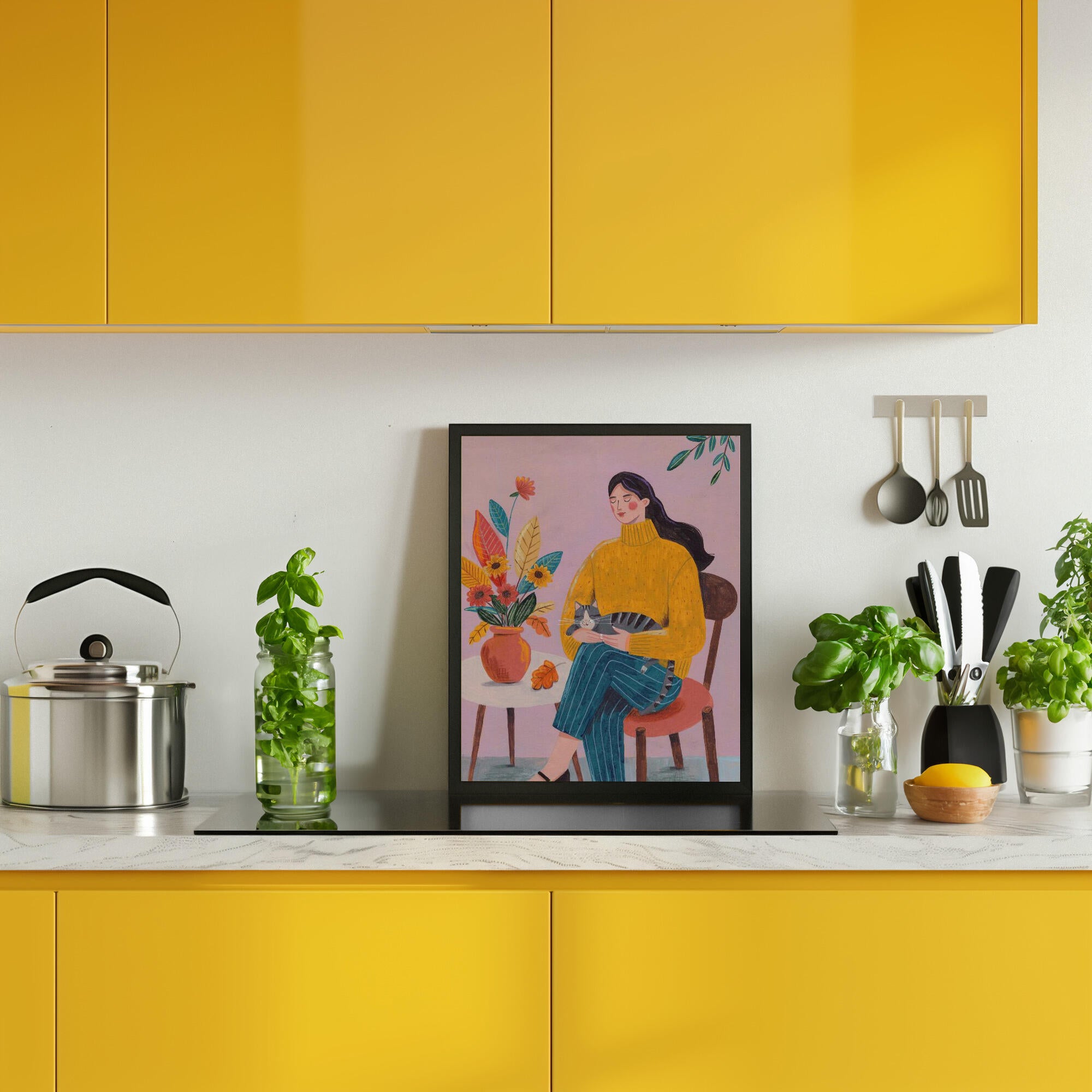 Woman with Cat and Autumn Bouquet