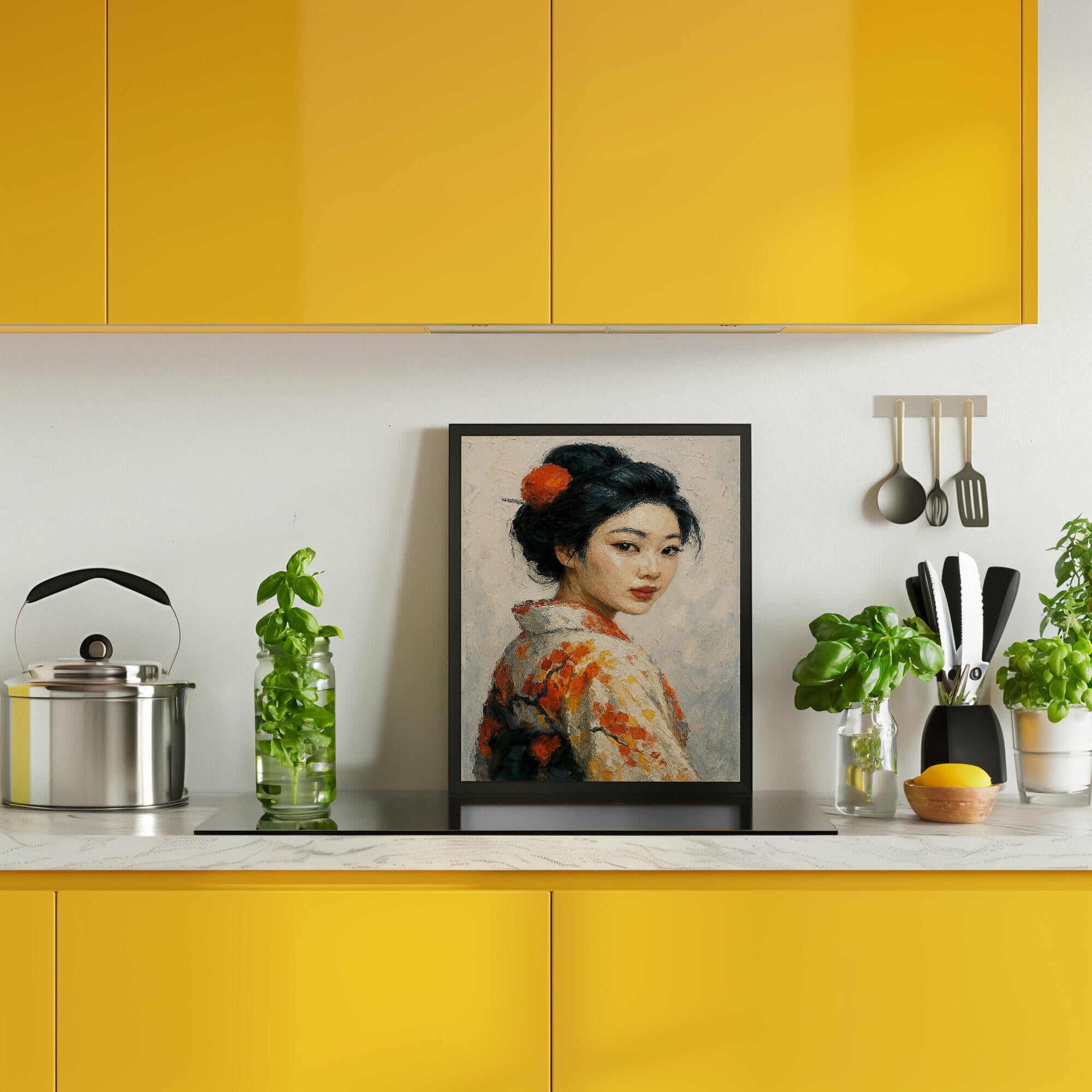 Portrait of a Japanese Geisha In a Floral Kimono
