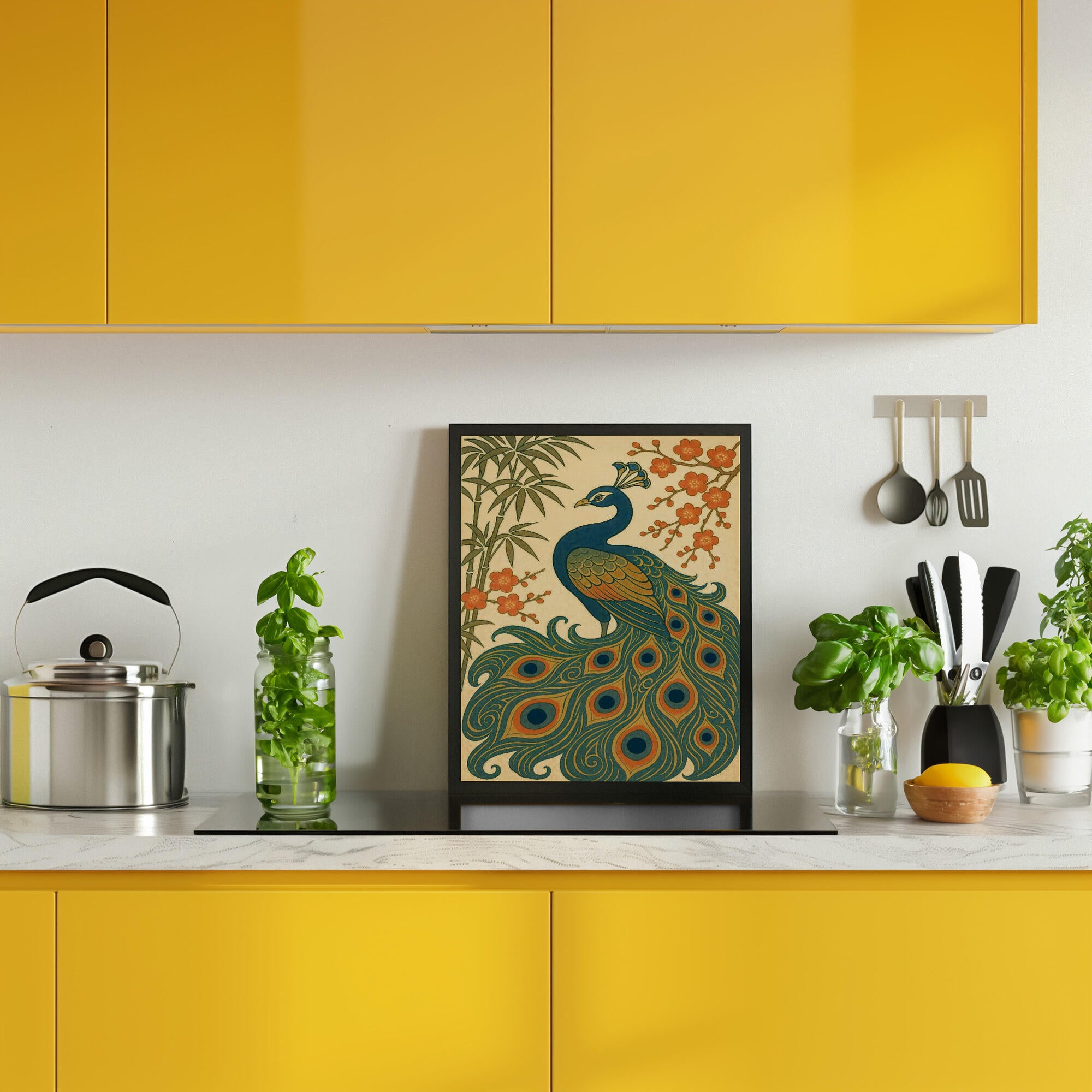 Ukiyo E Style Japanese Peacock With Bamboo and Blossom
