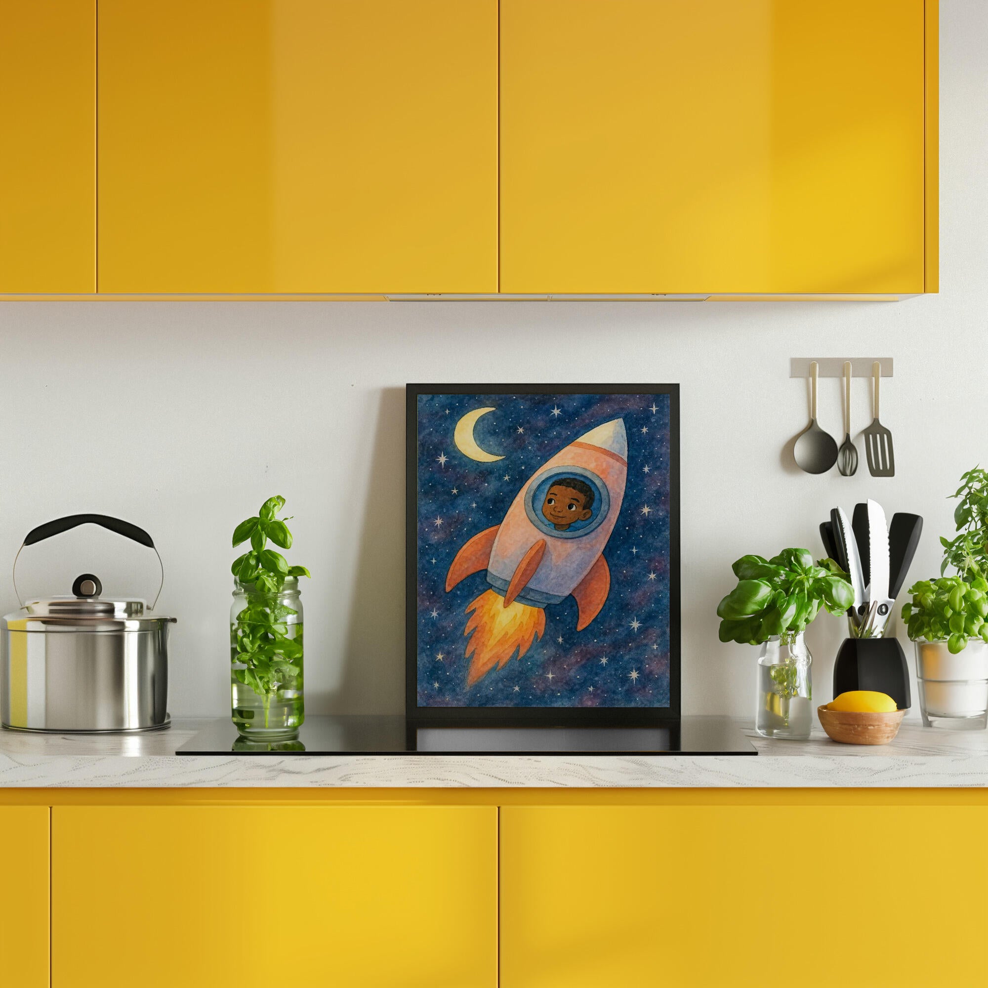 Child rocket flying through space