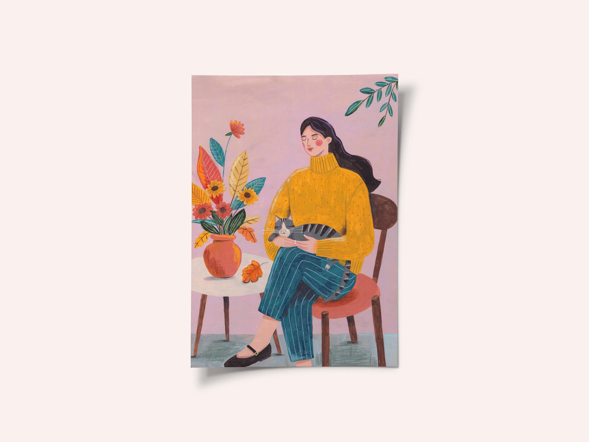 Woman with Cat and Autumn Bouquet