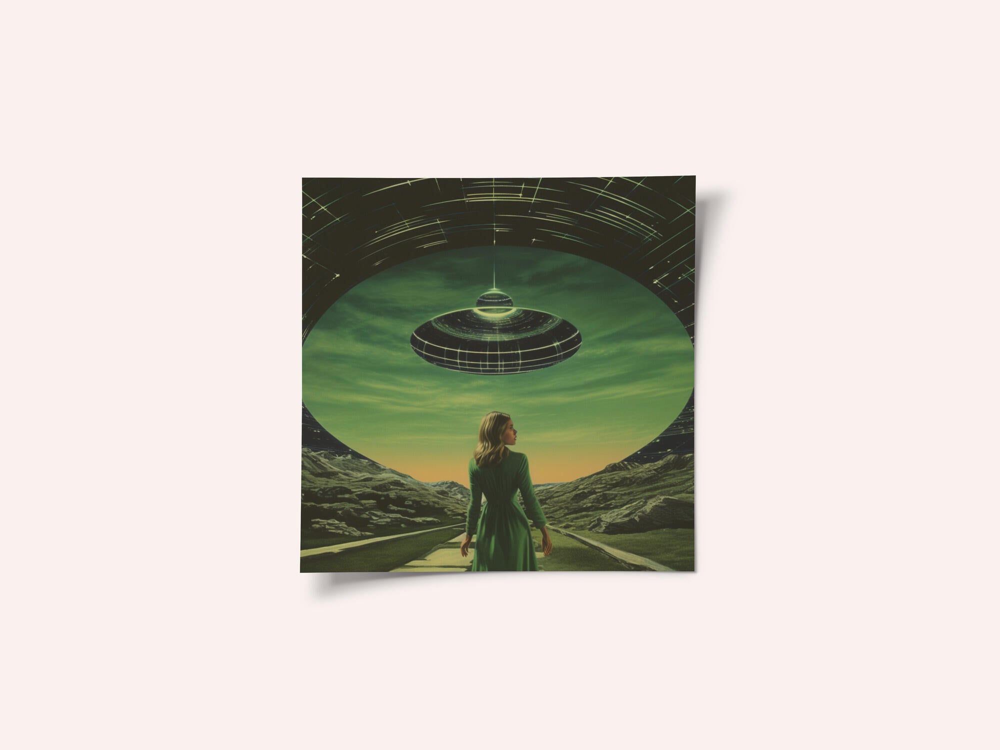 A Woman Standing Beneath a UFO