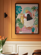 Woman taking bath in pink tropical bathroom