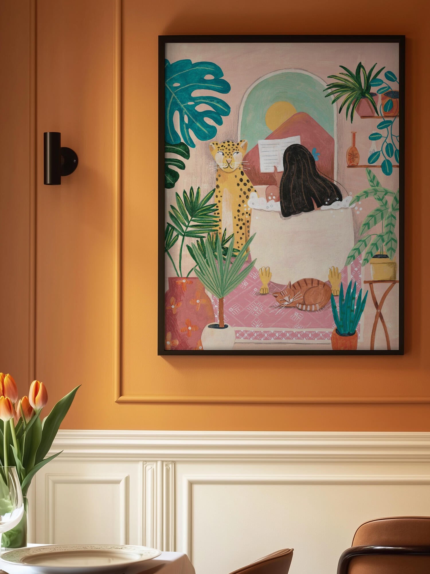 Woman taking bath in pink tropical bathroom