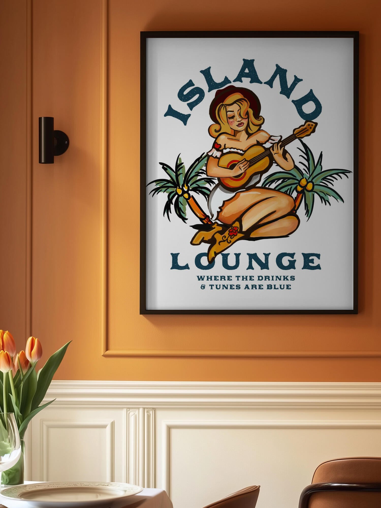 Island Lounge Tropical Pin Up Girl Playing Guitar