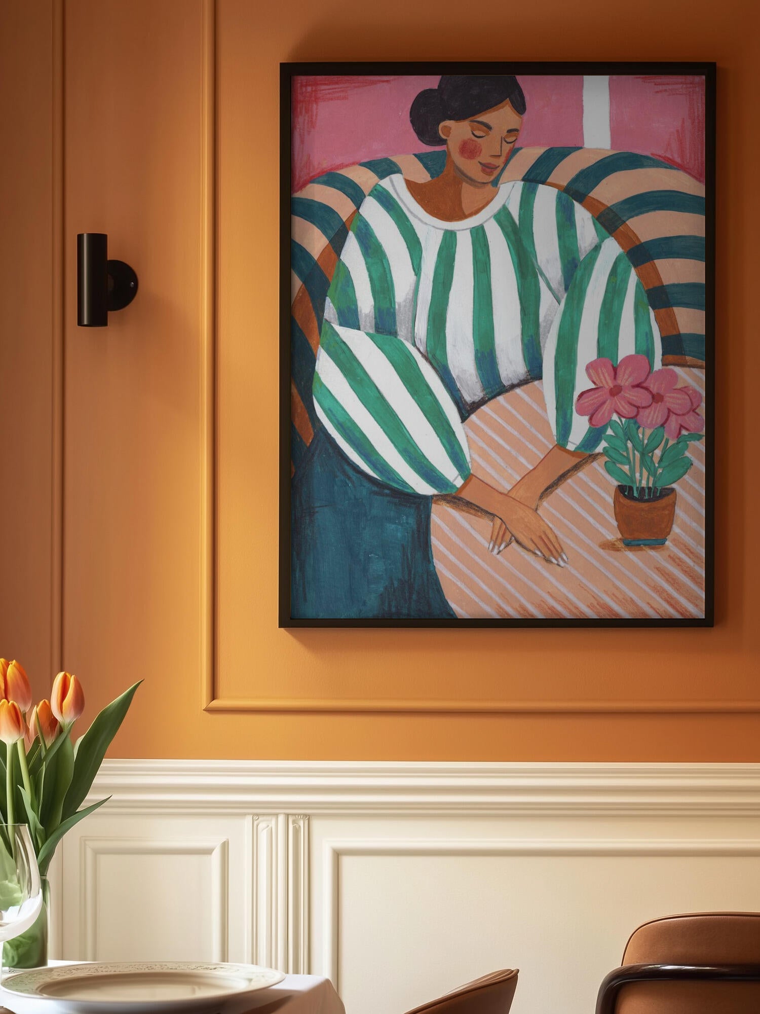 Woman in stripes in thought