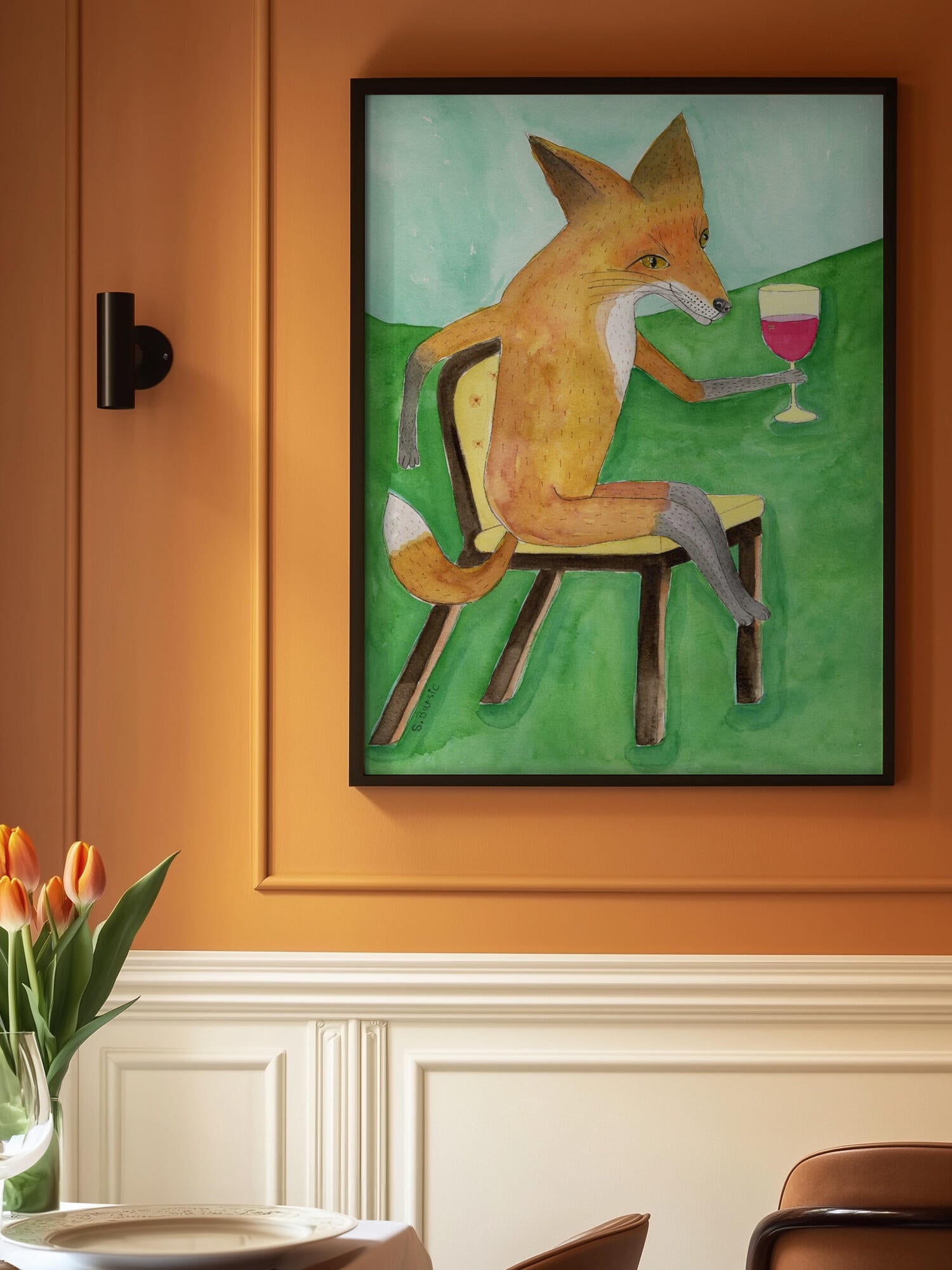 Mr. Fox drinking red wine