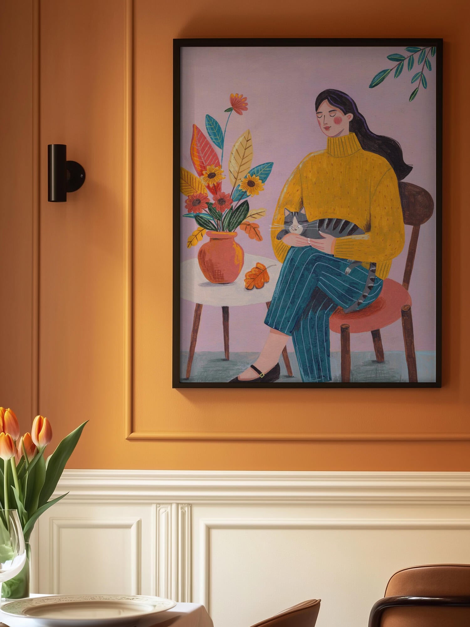 Woman with Cat and Autumn Bouquet