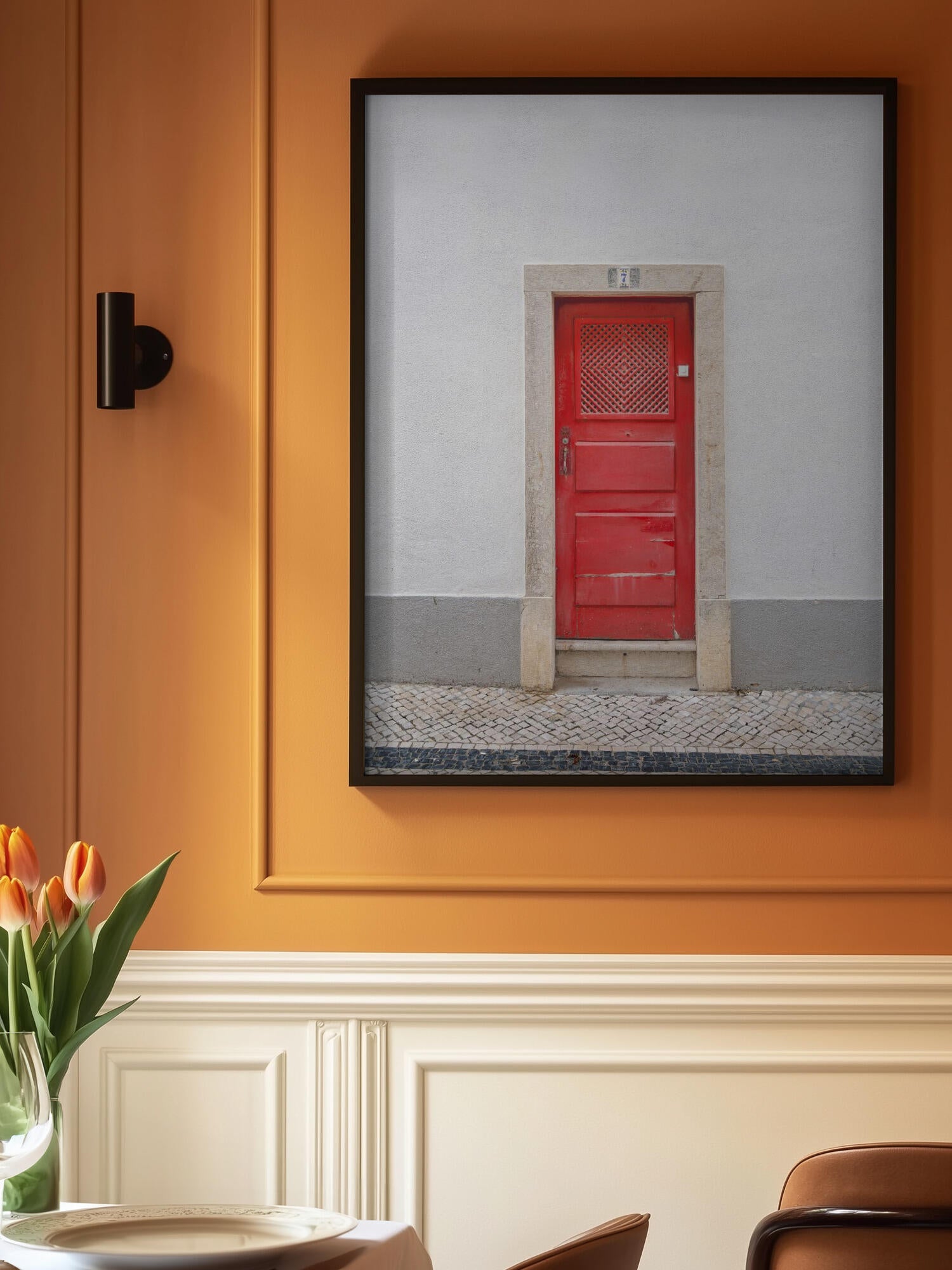 The red door nr 7 in Ericeira, Portugal - summer street and travel photography