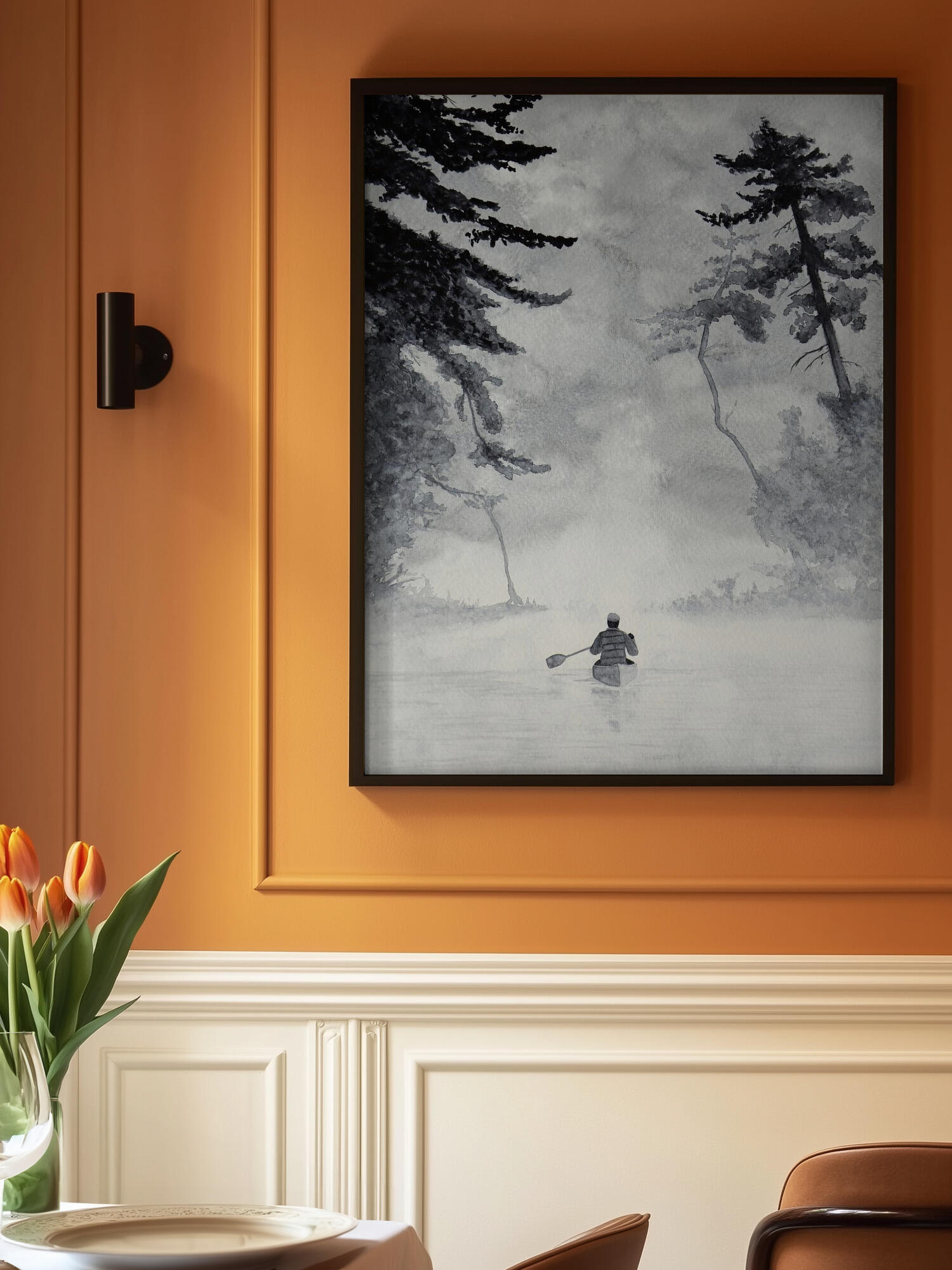 Man In a Canoe On Misty Water In a Forest Landscape