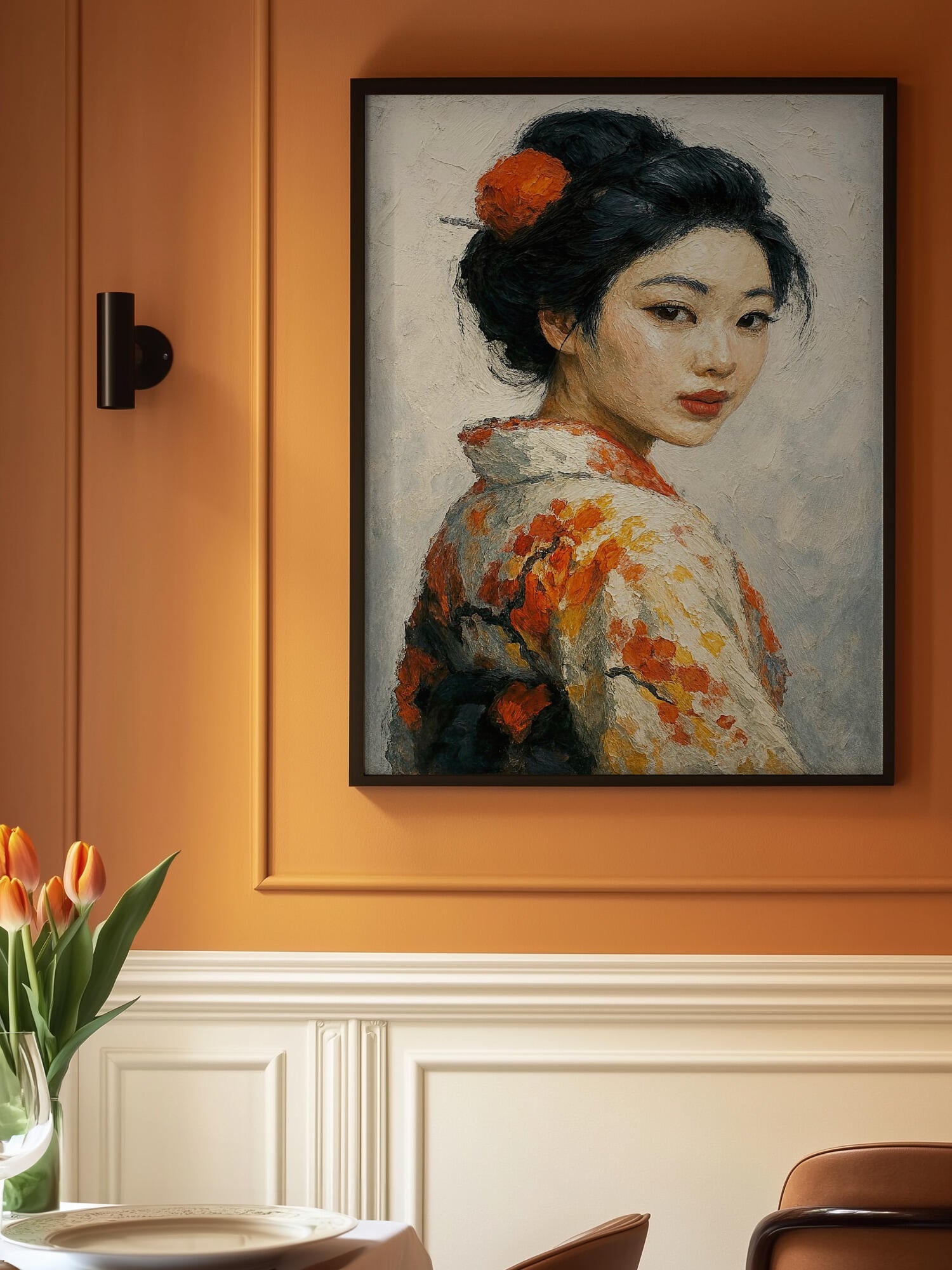 Portrait of a Japanese Geisha In a Floral Kimono
