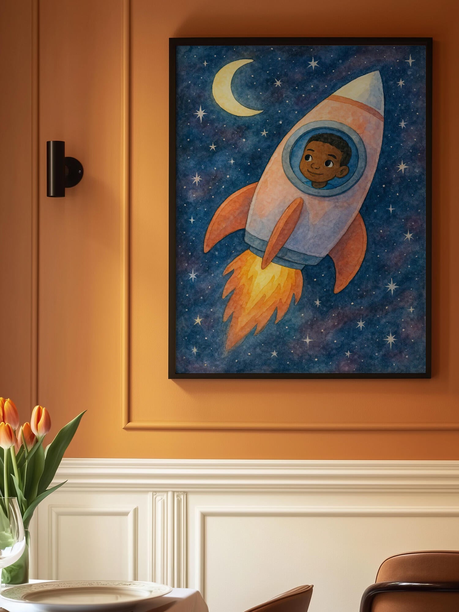 Child rocket flying through space