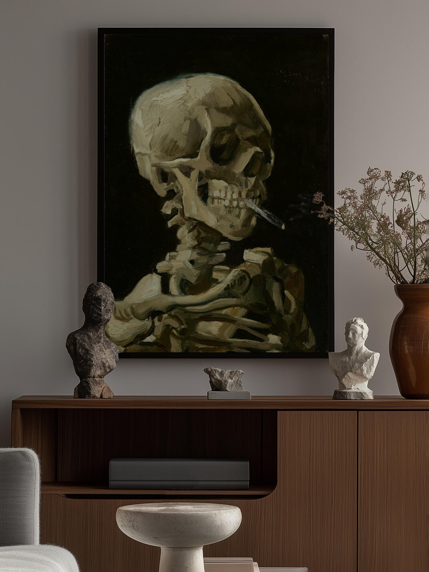 Head of a skeleton with a burning cigarette