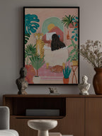 Woman taking bath in pink tropical bathroom