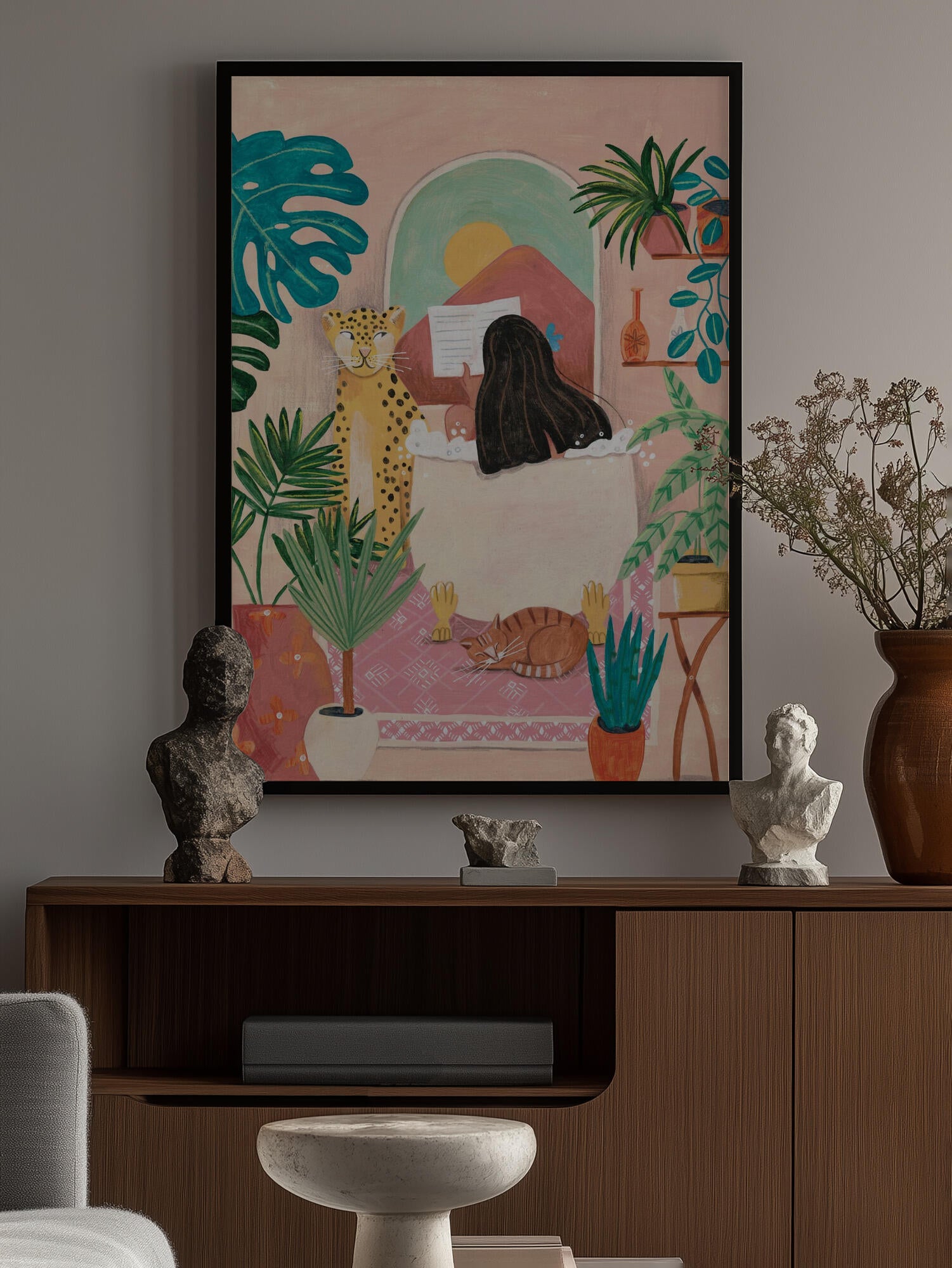 Woman taking bath in pink tropical bathroom