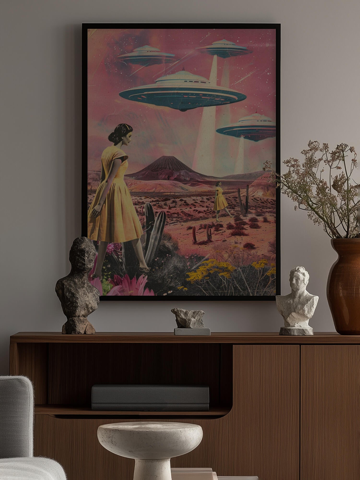 Desert Landscape With UFOs Hovering