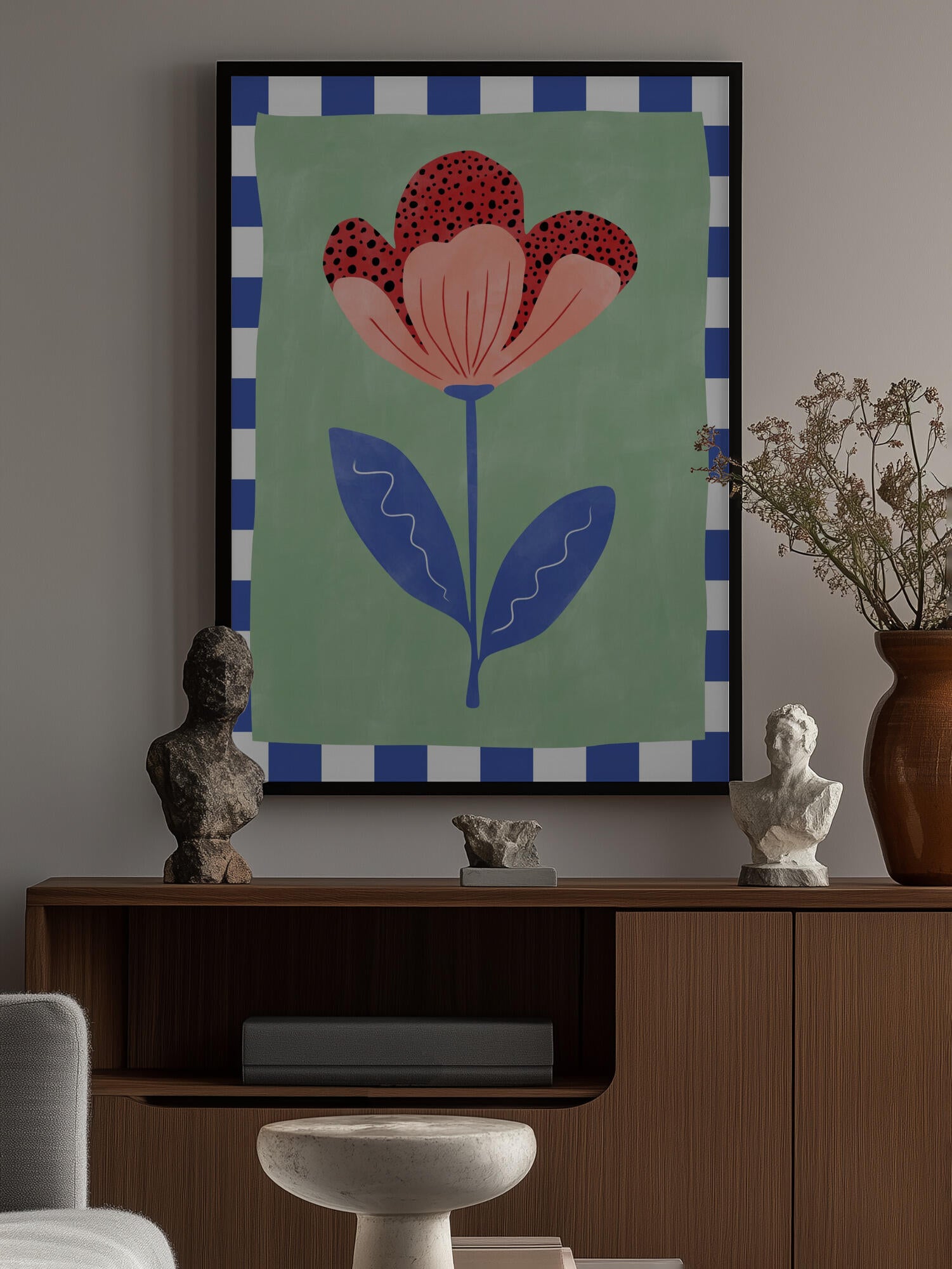 Stylized Flower With Red Petals And Black Dots