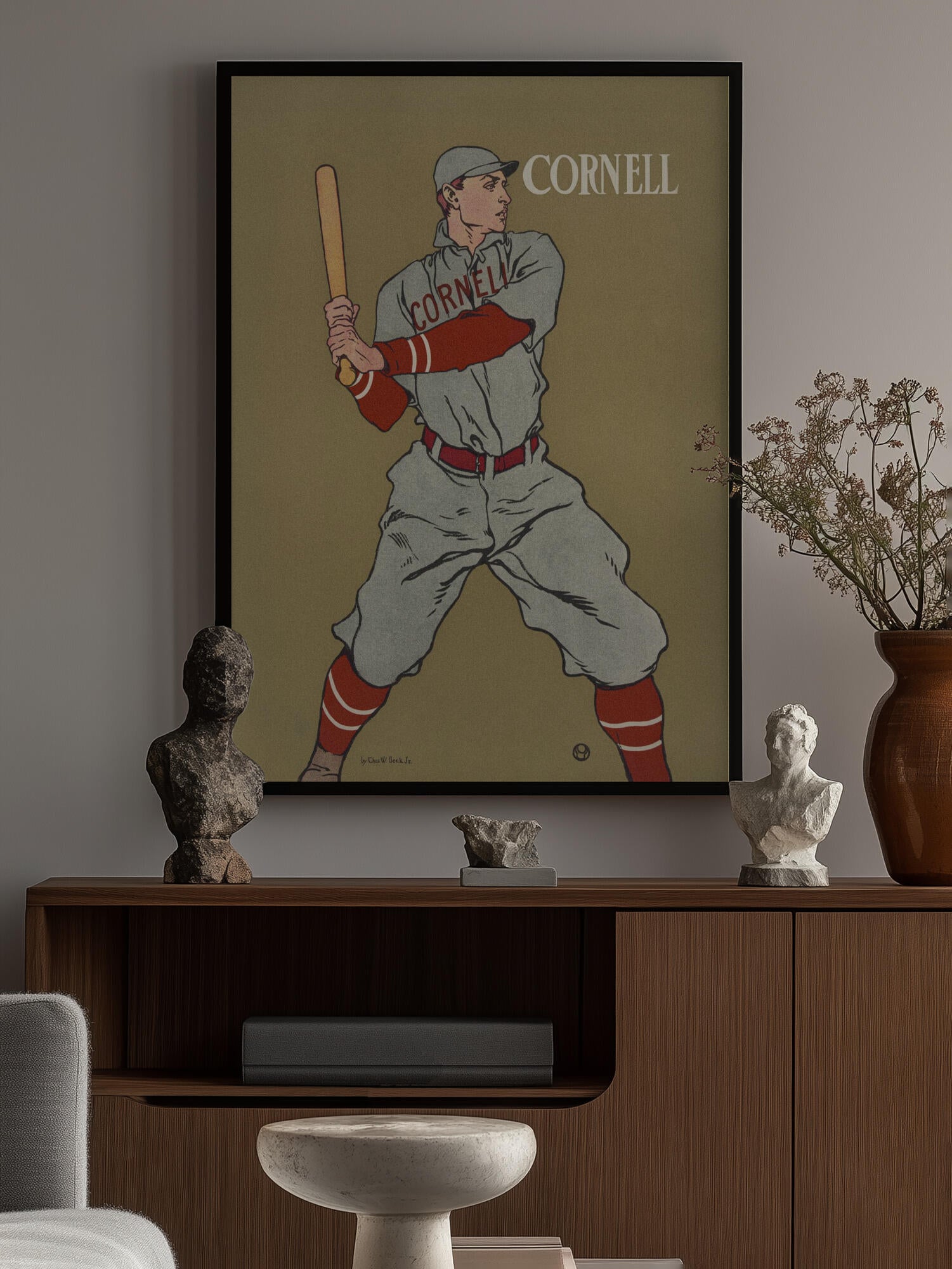 Vintage Drawing of a Baseball Player Holding a Bat
