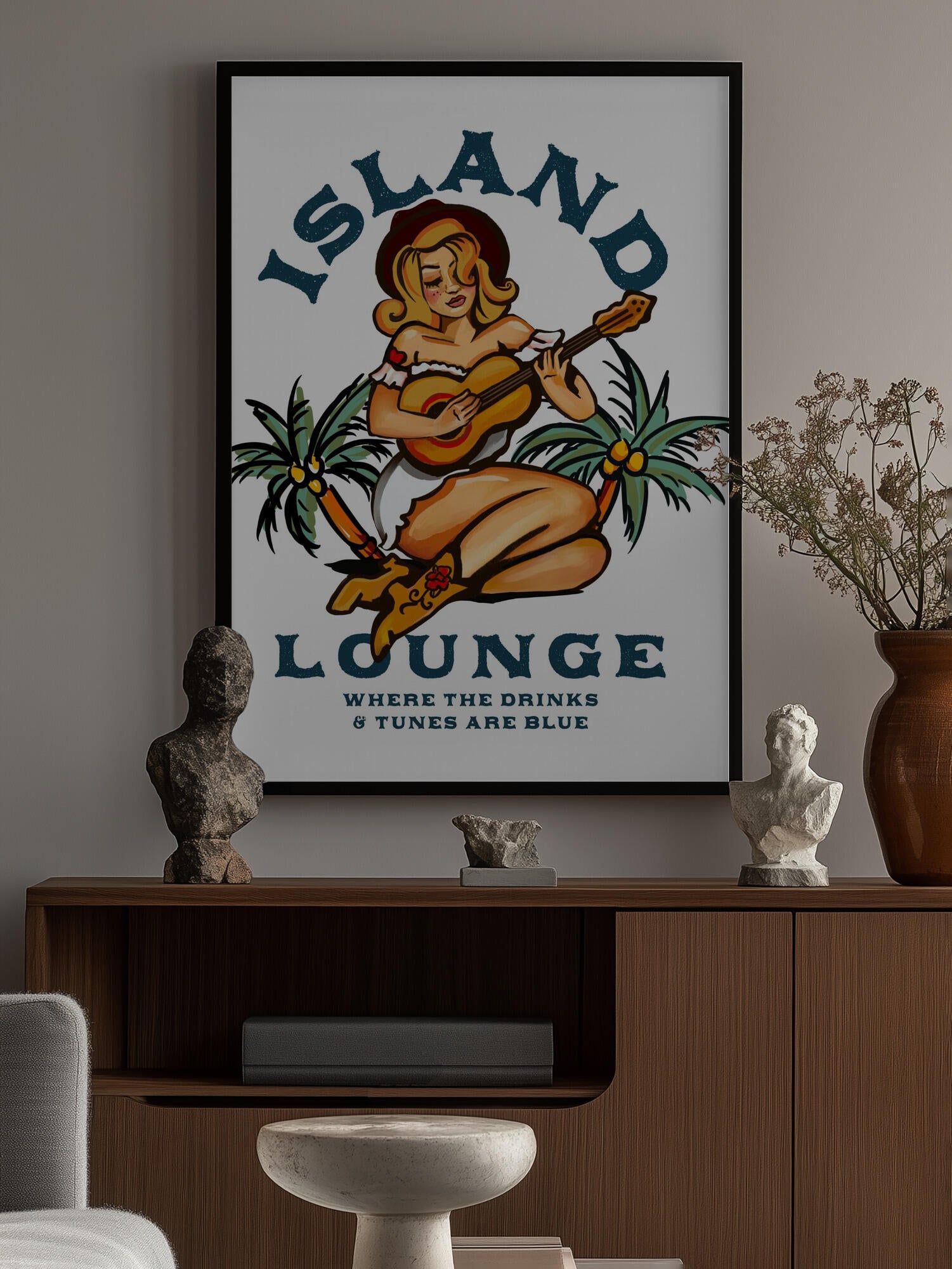 Island Lounge Tropical Pin Up Girl Playing Guitar