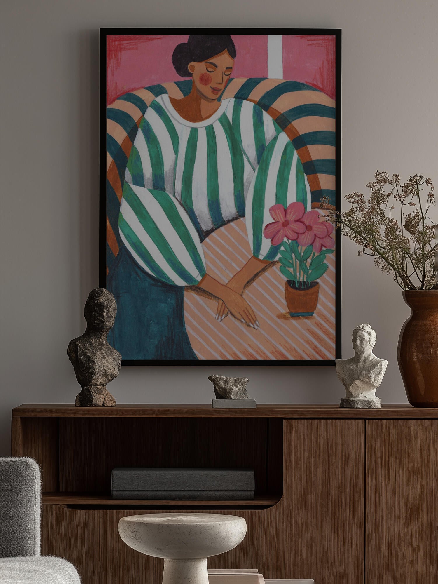 Woman in stripes in thought