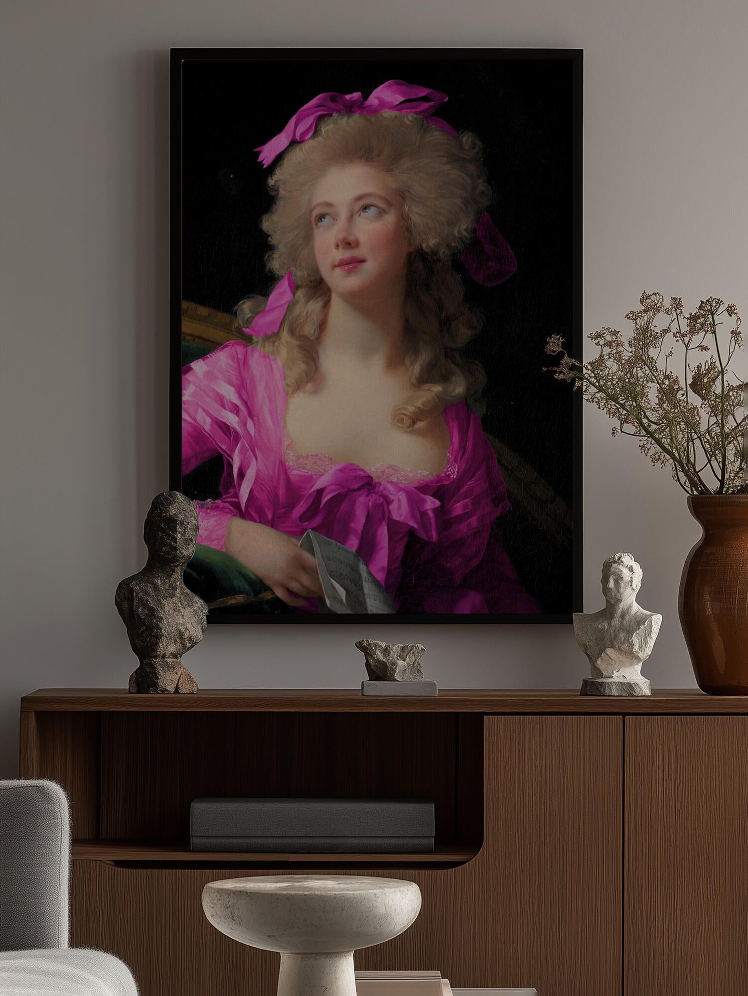 Woman in a Vibrant Pink Gown and Ribbon