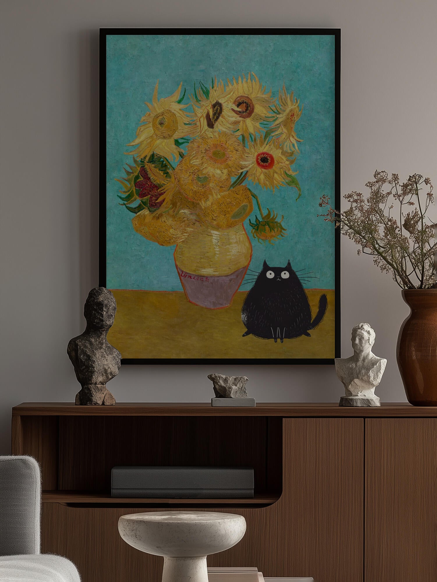 Sunflowers And Cat