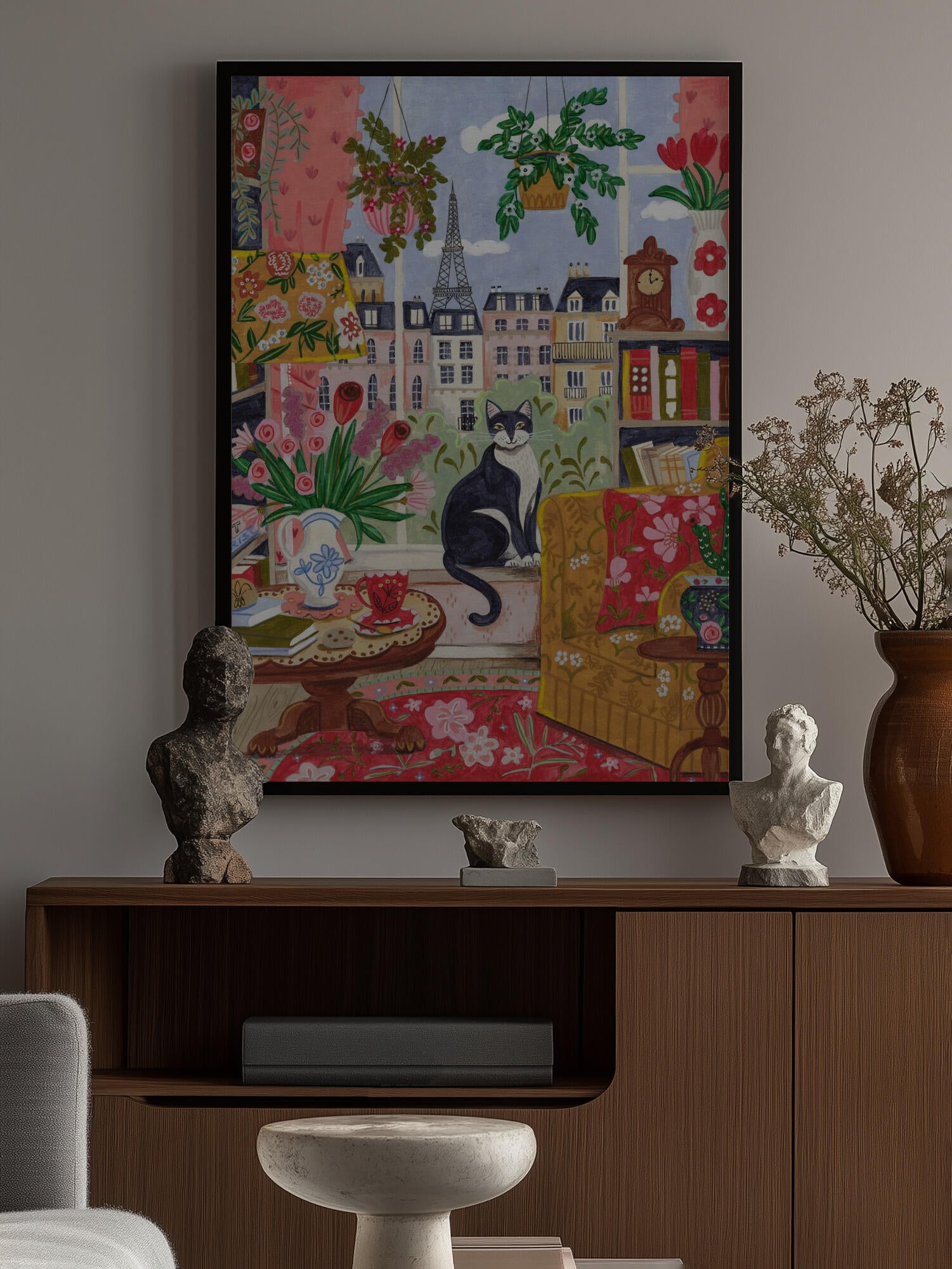 Cat in front of window in Paris bright colours