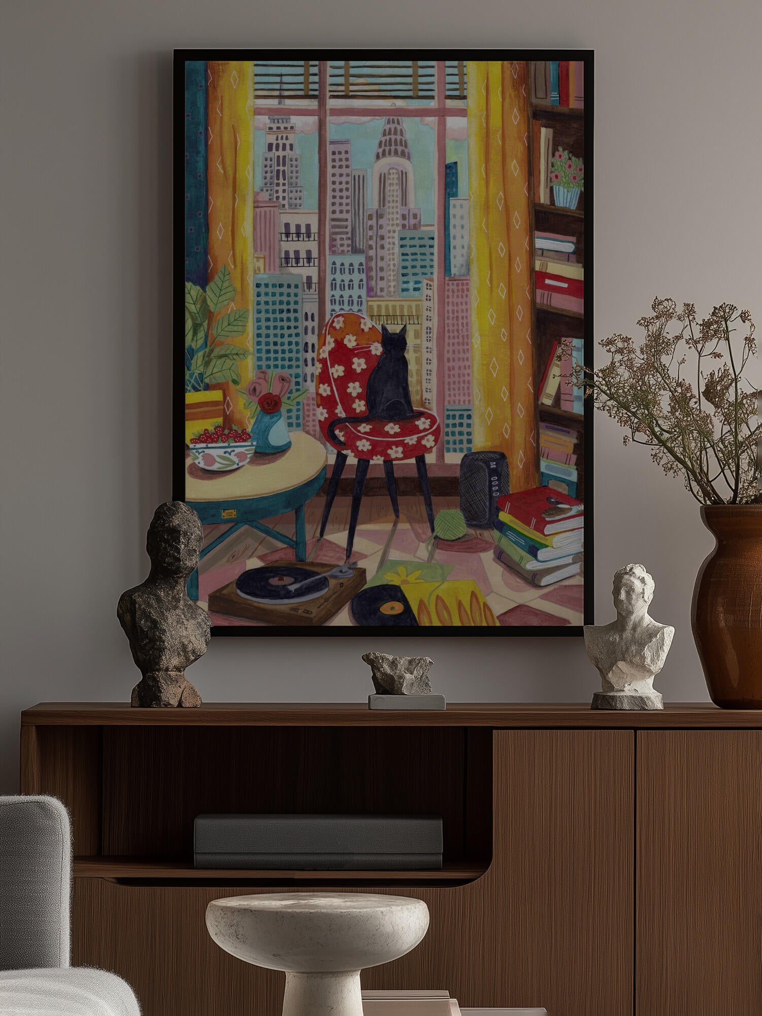 Cat in front of window in New York bright colours