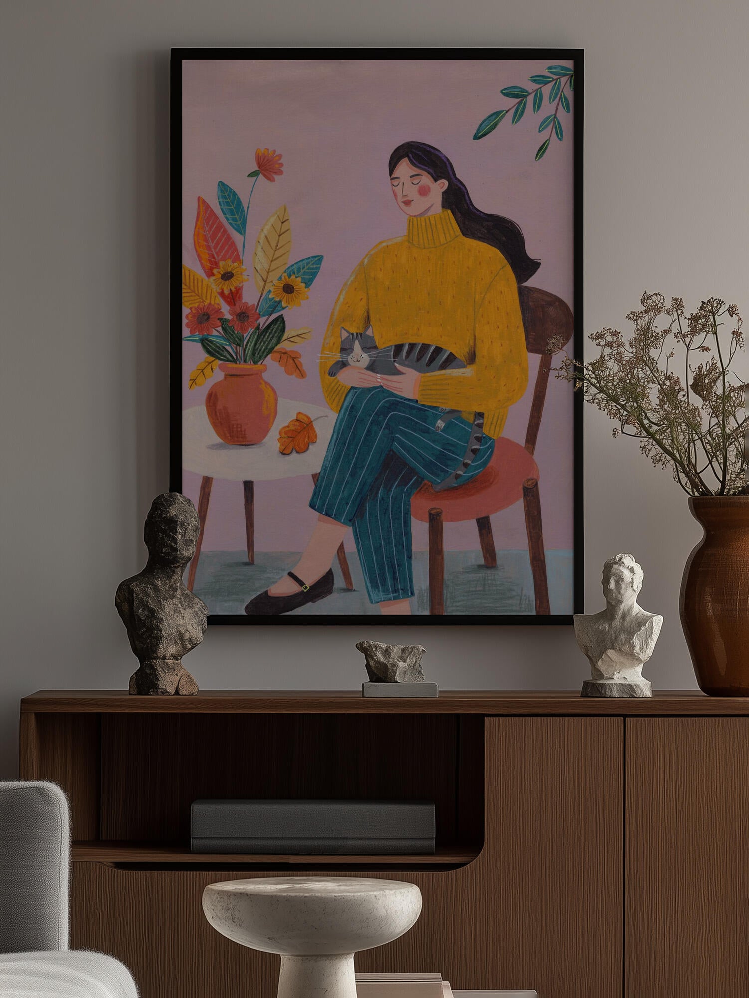 Woman with Cat and Autumn Bouquet