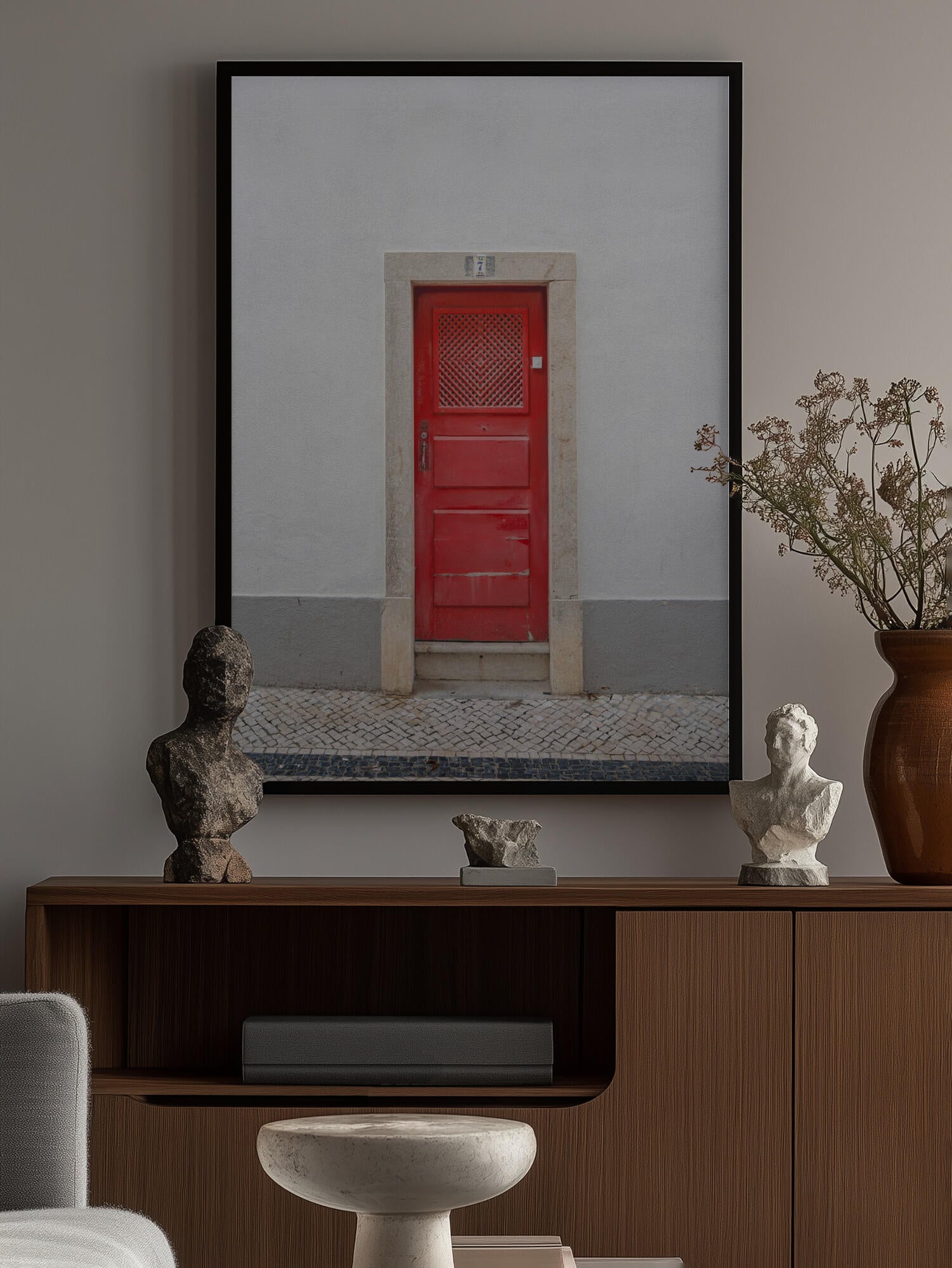 The red door nr 7 in Ericeira, Portugal - summer street and travel photography