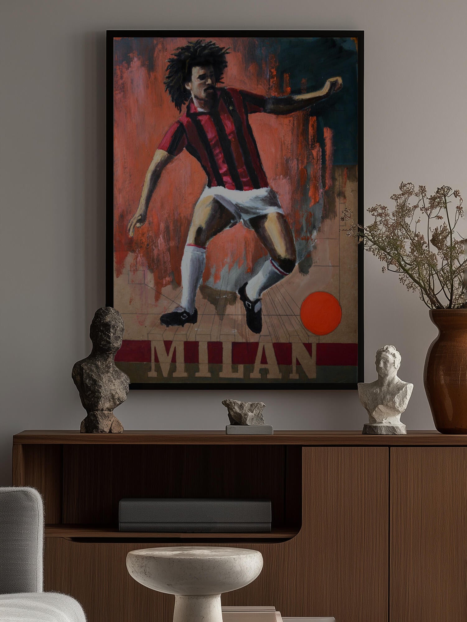 Dynamic Footballer in Red Stripes