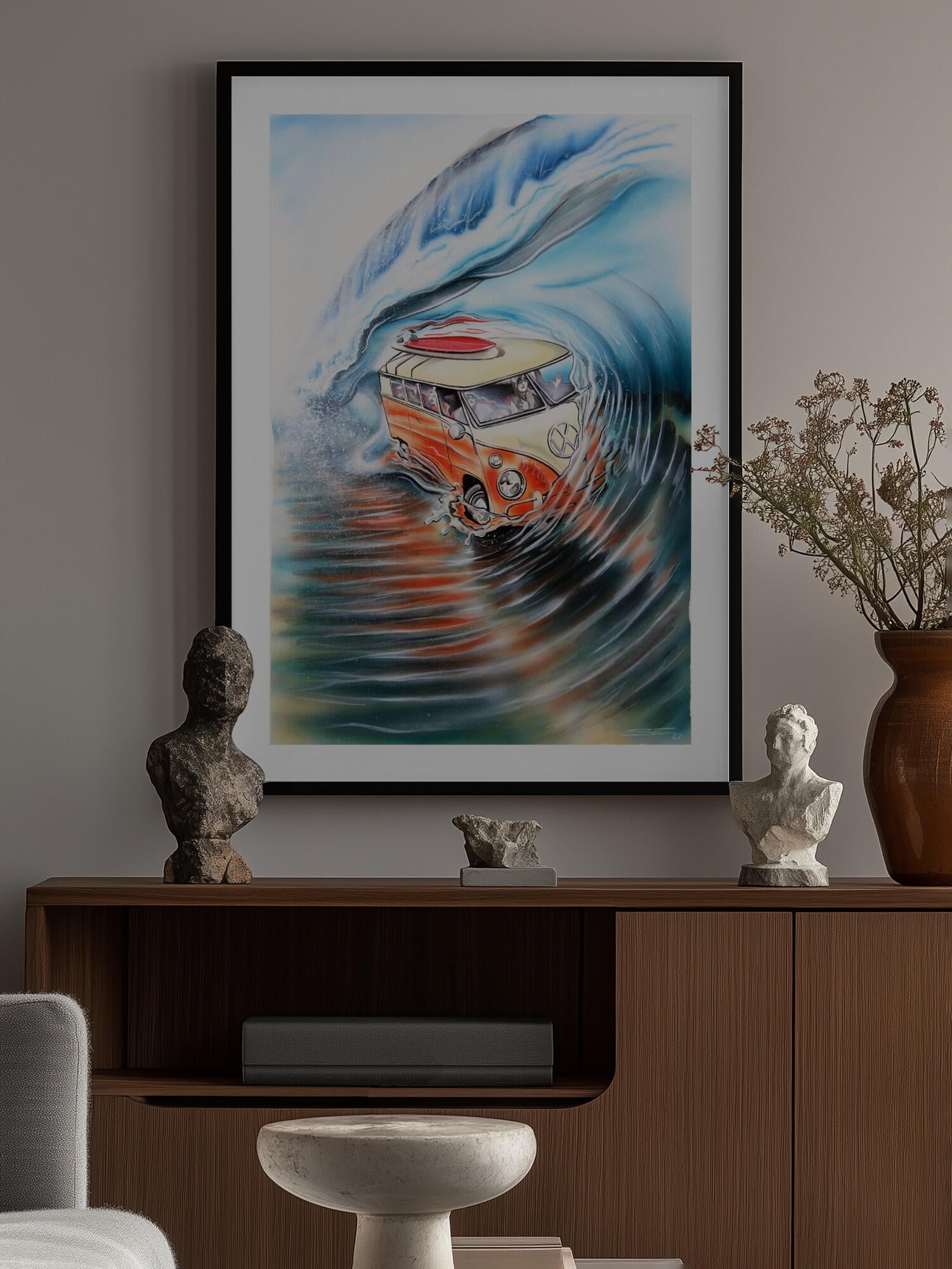 Retro Van Surfing Wave
