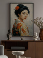 Portrait of a Japanese Geisha In a Floral Kimono