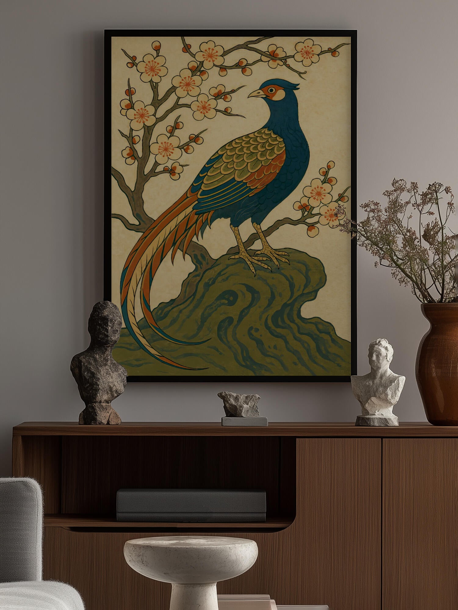 Ukiyo E Style Japanese Pheasant At Plum Blossom