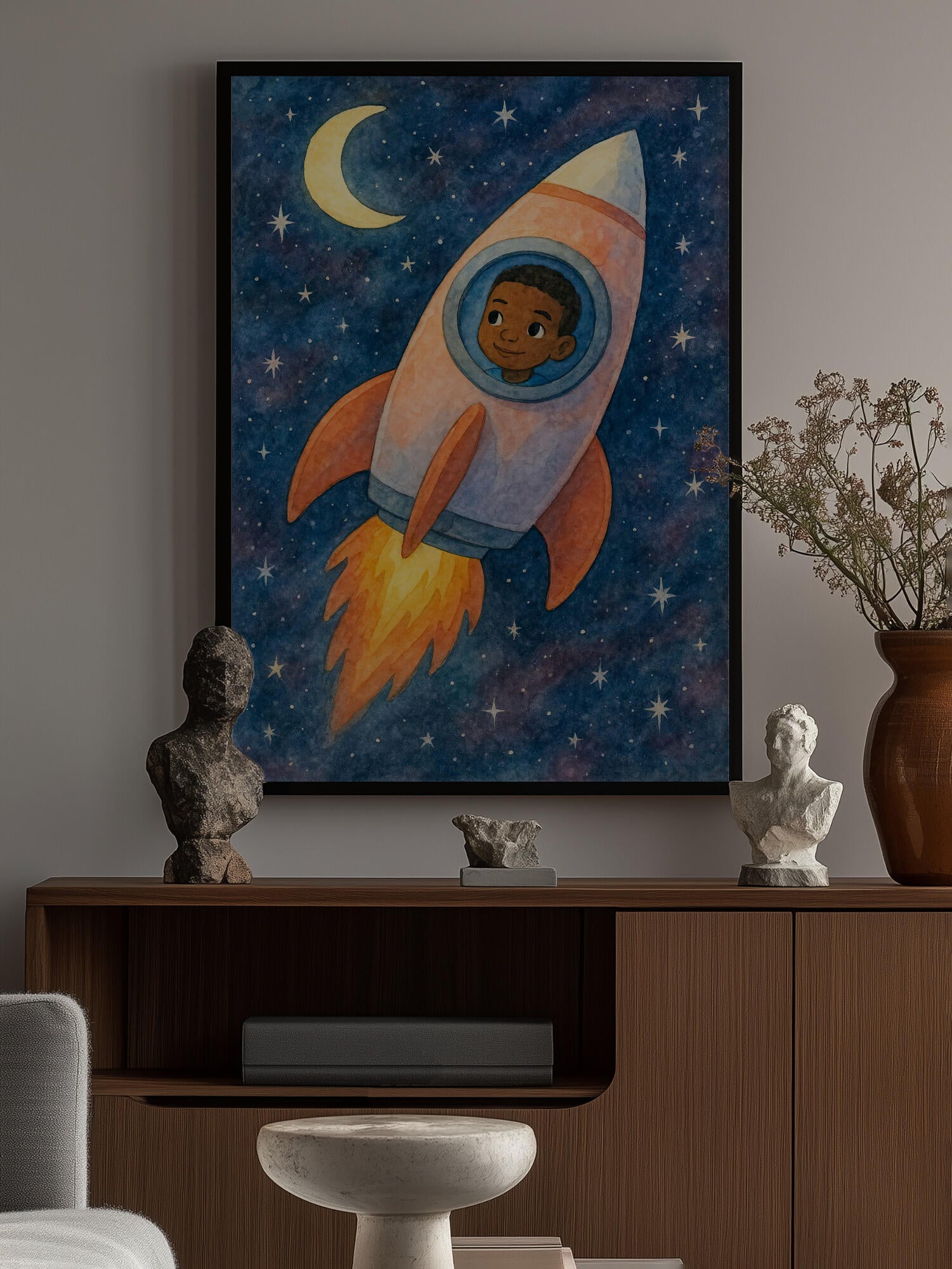 Child rocket flying through space