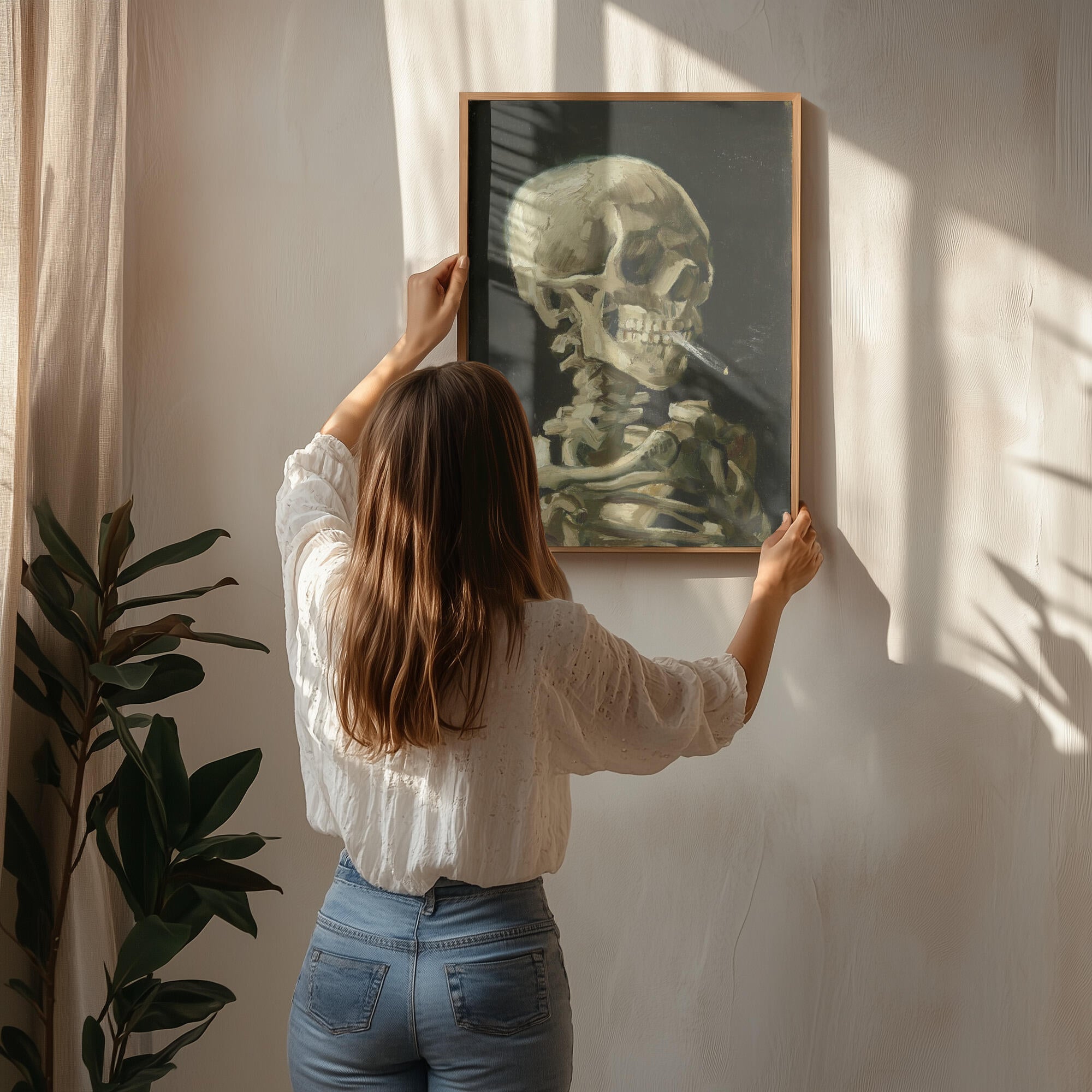Head of a skeleton with a burning cigarette