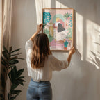 Woman taking bath in pink tropical bathroom
