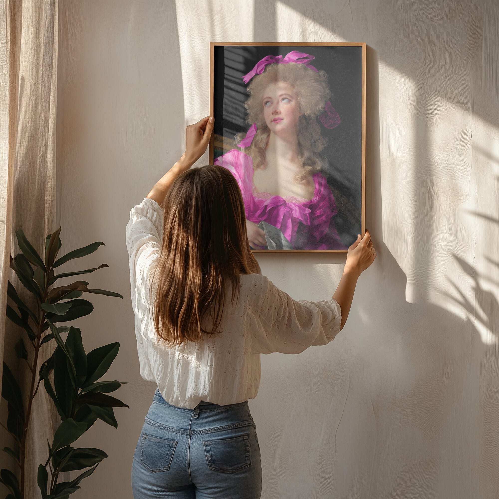 Woman in a Vibrant Pink Gown and Ribbon