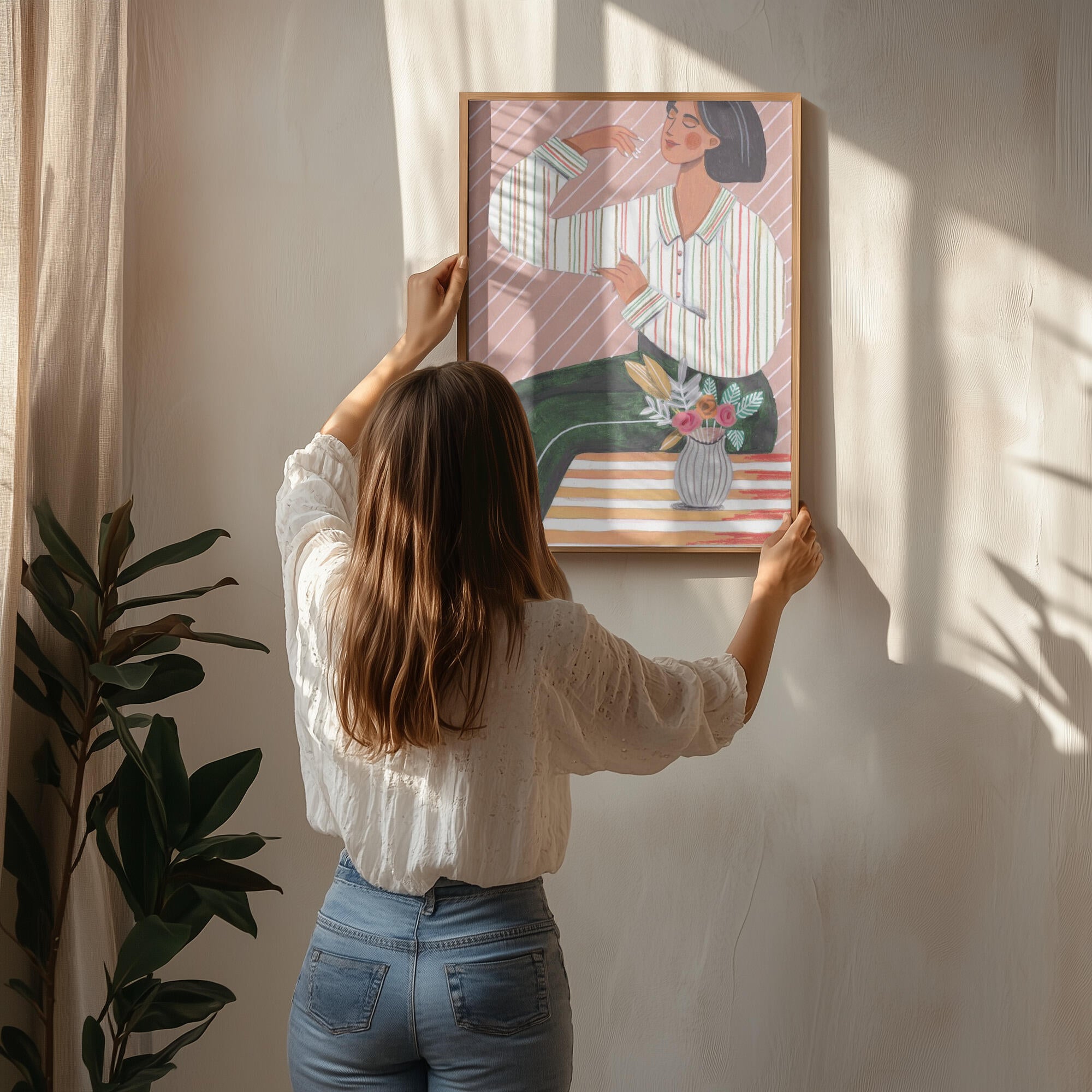 Woman in Stripes Shirt and Green Pants